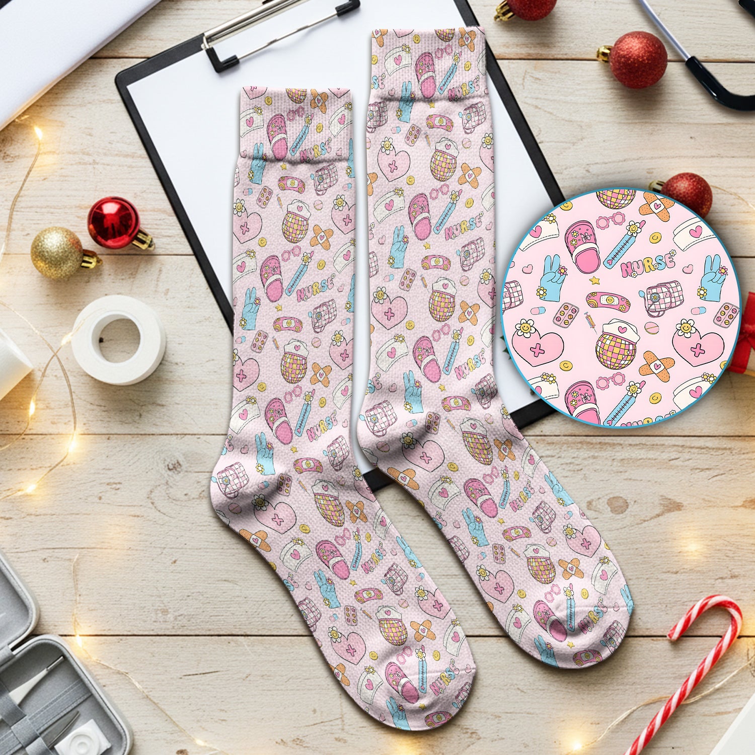 Cute Nurse Pink Medical Tools Pattern Socks, Cute Medical Staff Socks