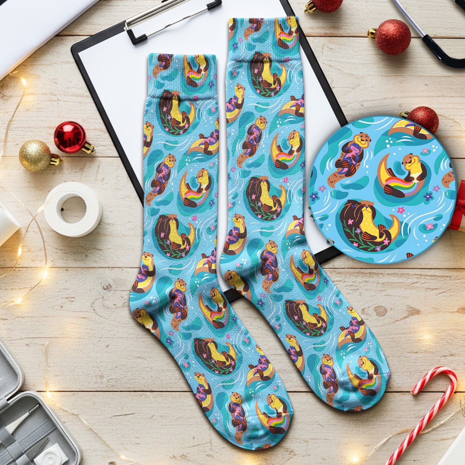 Otter Floating River Rainbow Pattern Socks, Adult Socks for Men and Women