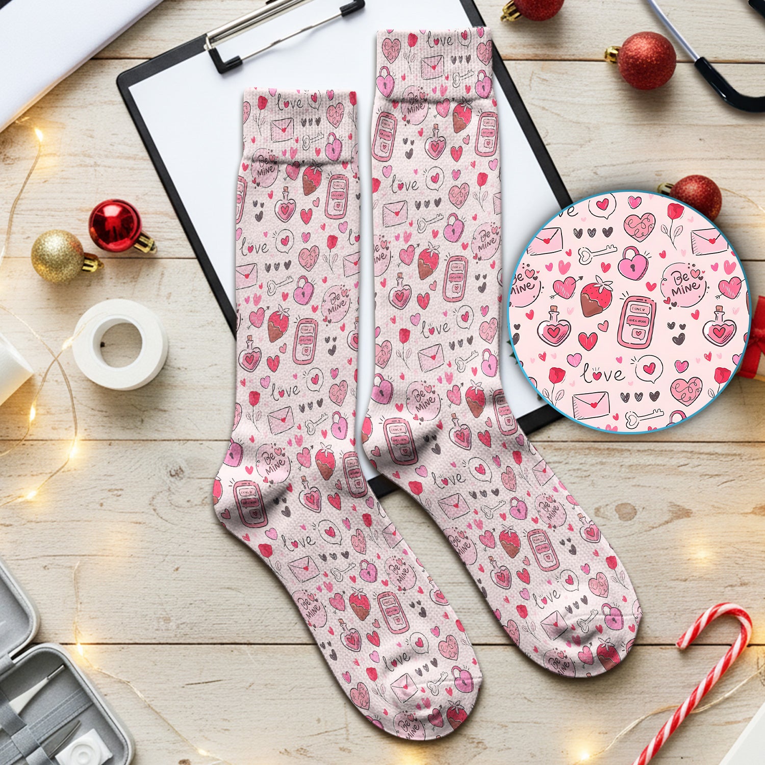 Be Mine Heart Pattern Pattern Scrub Sock, Pink Valentine Pattern Nursing Uniform For Women