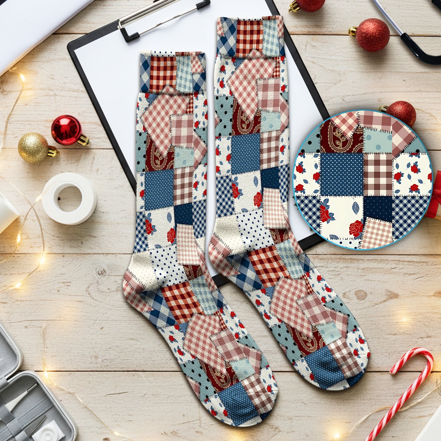 Retro Patchwork Plaid Quilt Pattern Socks, Socks for Nurse Doctor