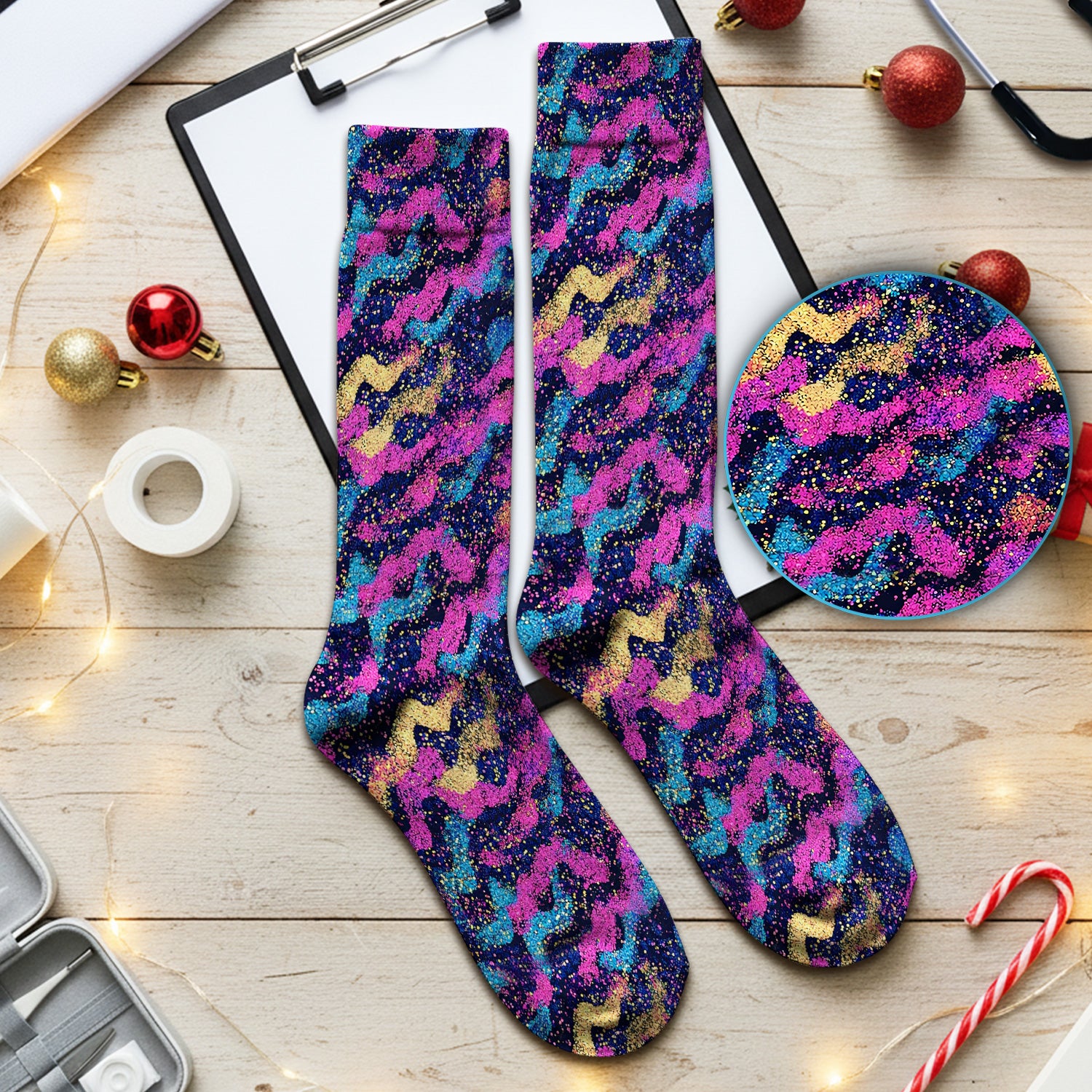 Neon Glitter Galaxy Wavy Pattern Socks, Socks for Nurse Doctor