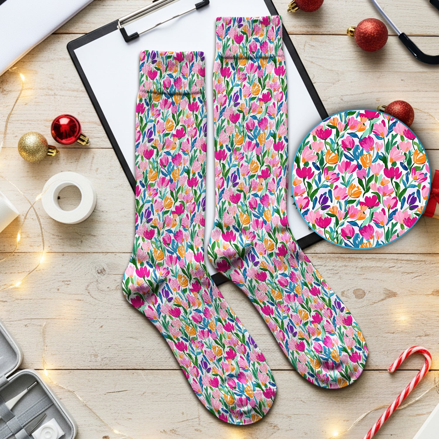 Vibrant Tulip Meadow Pattern Socks, Socks for Nurse Doctor