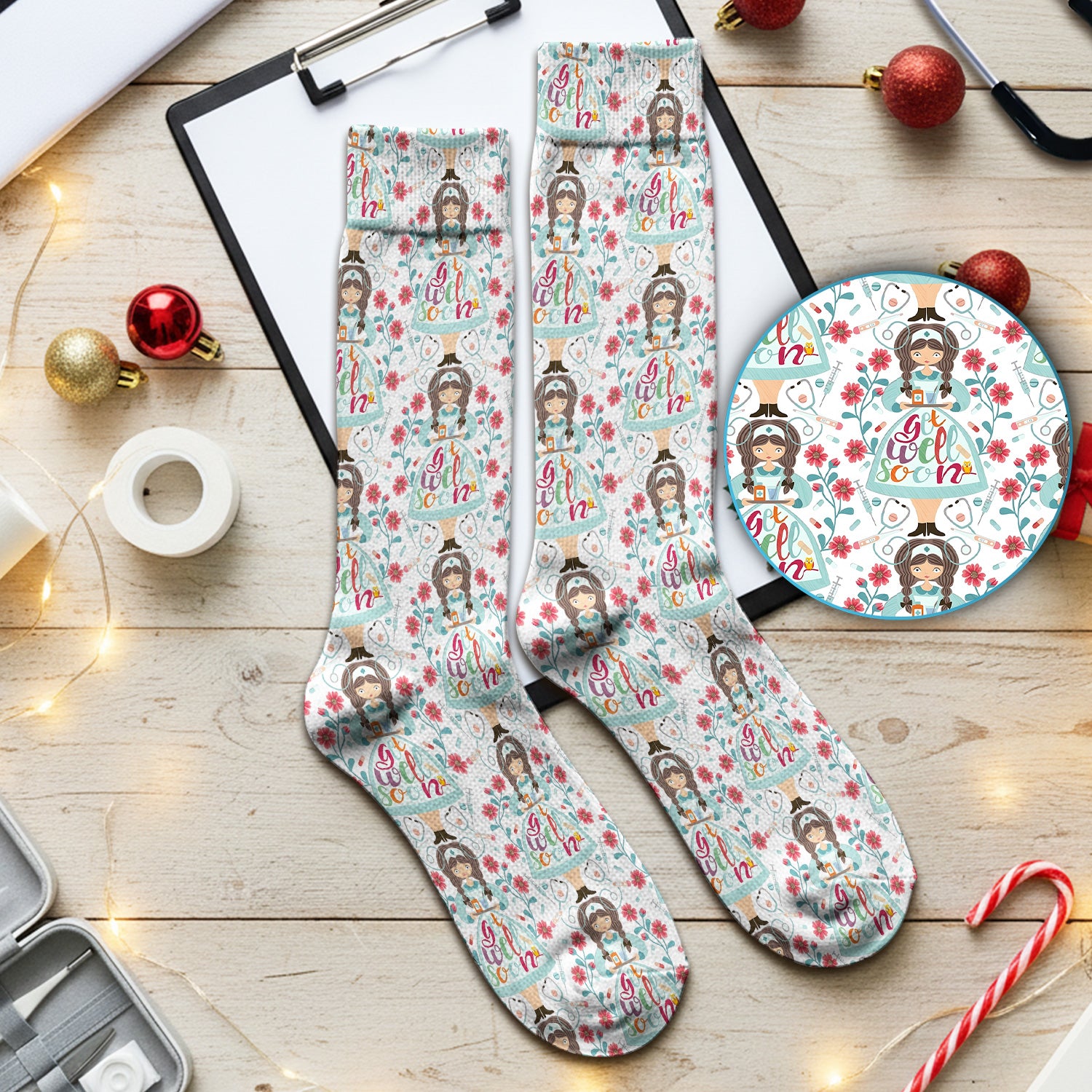 Get Well Soon Girl Floral Caring Pattern Socks, Adult Socks for Men and Women