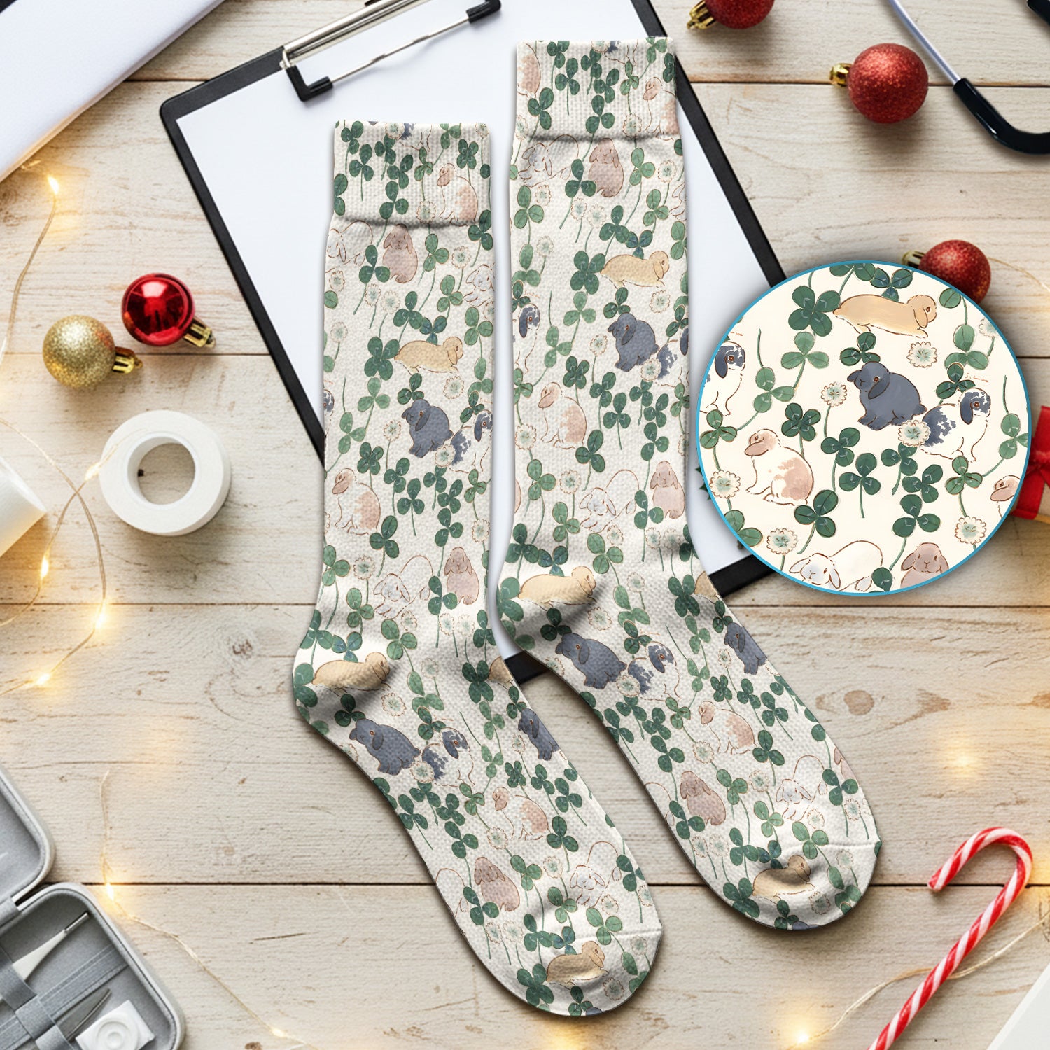 Cute Bunny Clover Garden Meadow Pattern Nurse Socks, Adult Socks for Men and Women
