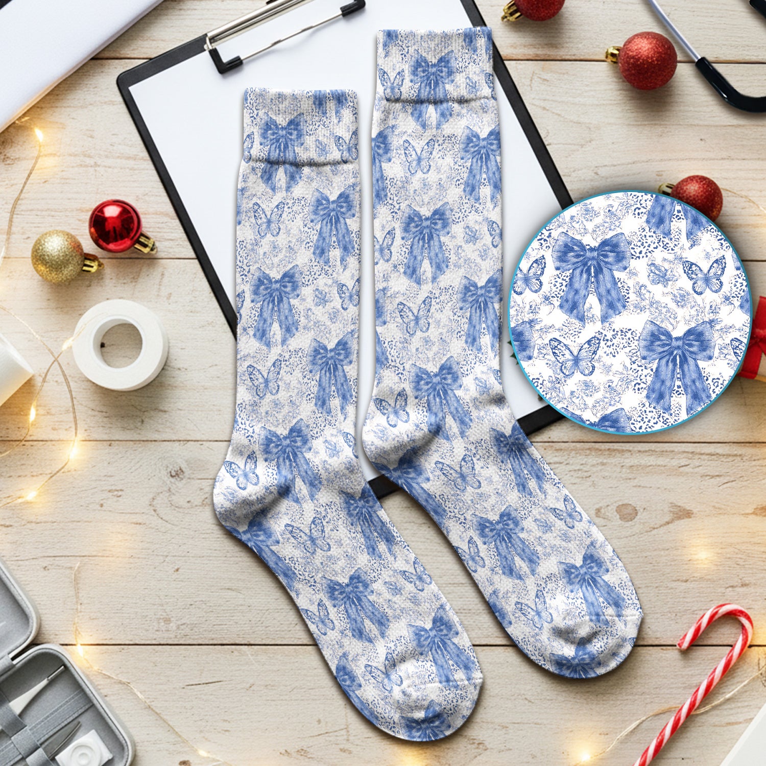 Blue Bow And Butterfly Vintage Floral Socks, Adult Socks for Men and Women
