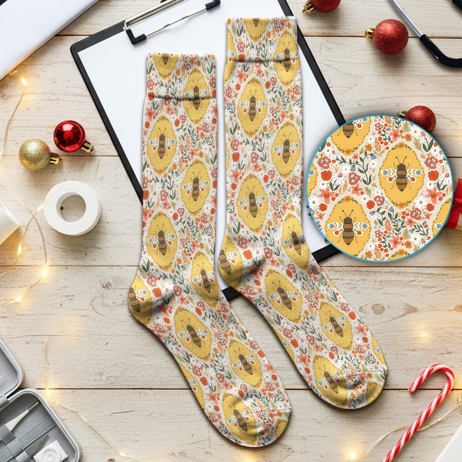 Vintage Honeybee Floral Garden Pattern Nurse Socks, Adult Socks for Men and Women