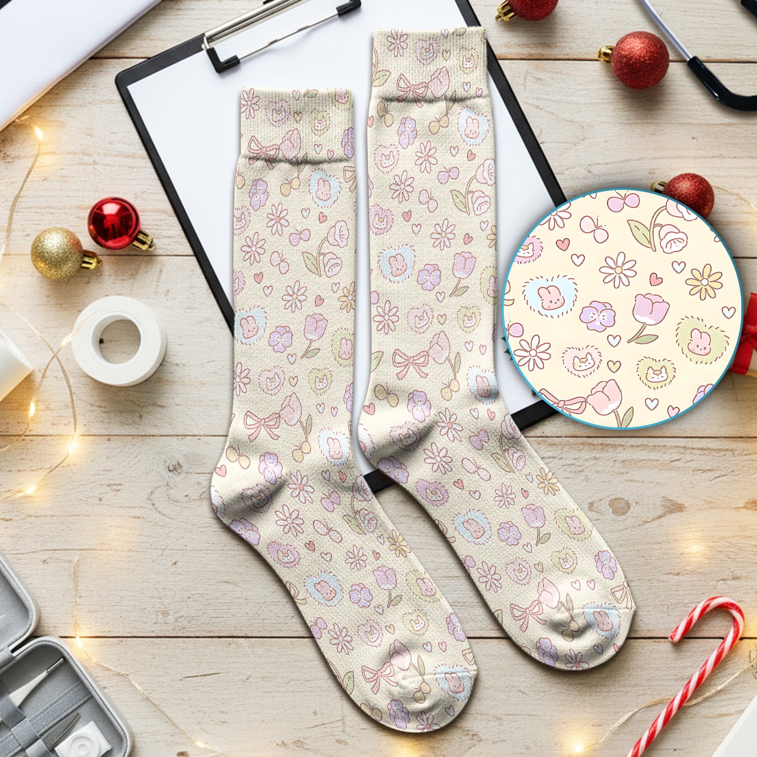 Pastel Bunny Flower Heart Pattern Nurse Socks, Adult Socks for Men and Women