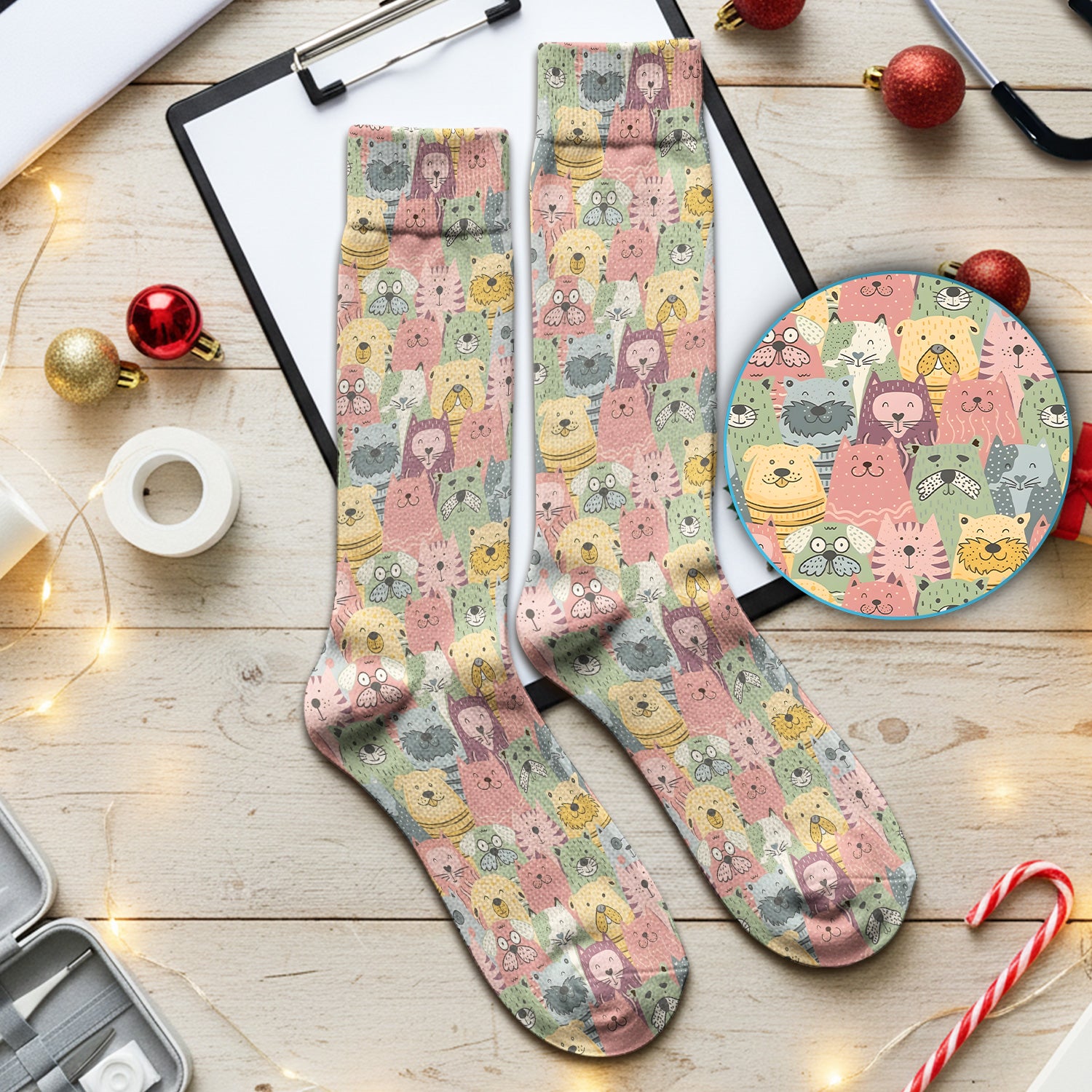 Cartoon Cat & Dog Faces Pattern Socks, Adult Socks for Men and Women