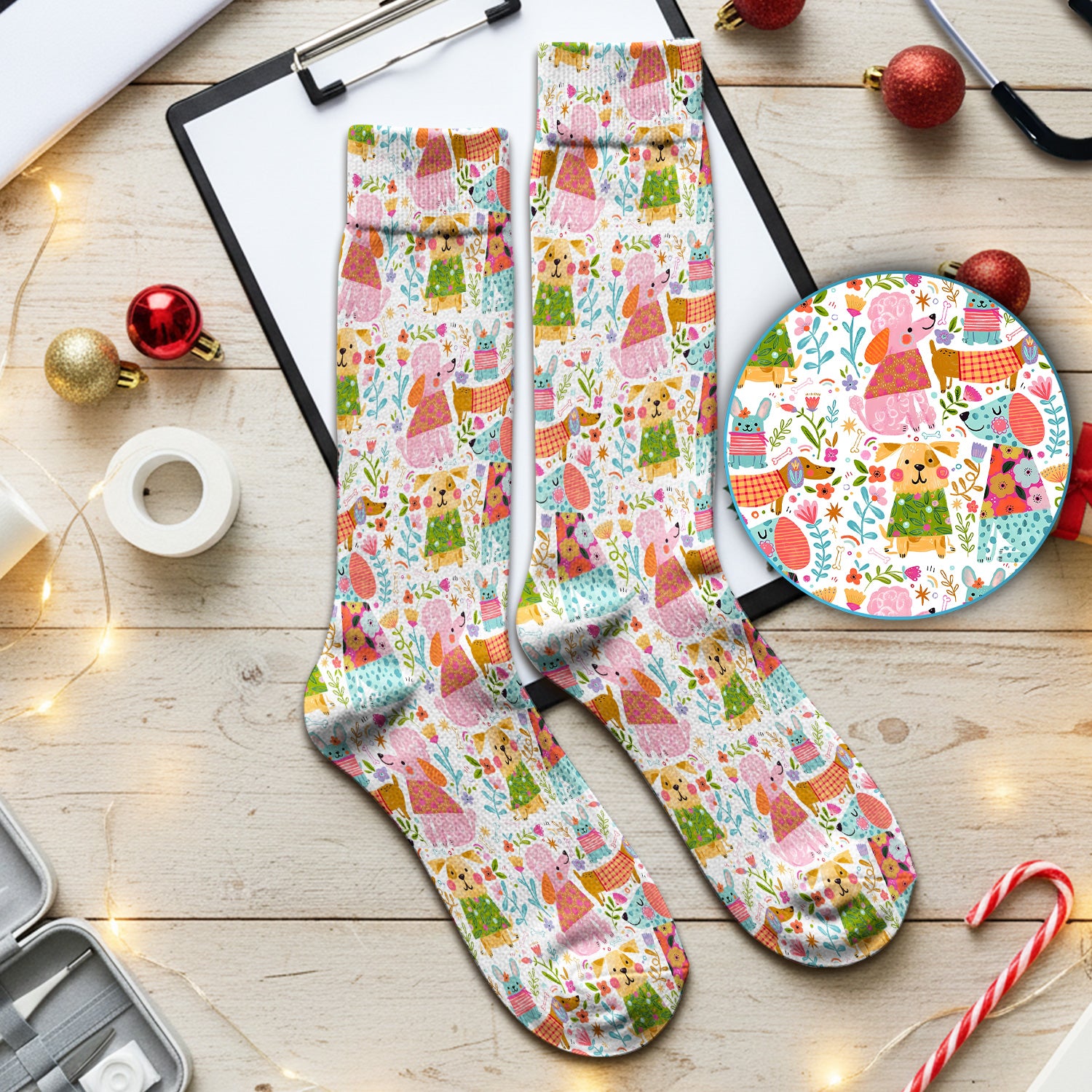 Cute Colorful Dog Floral Cartoon Pattern Socks, Socks for Nurse Doctor