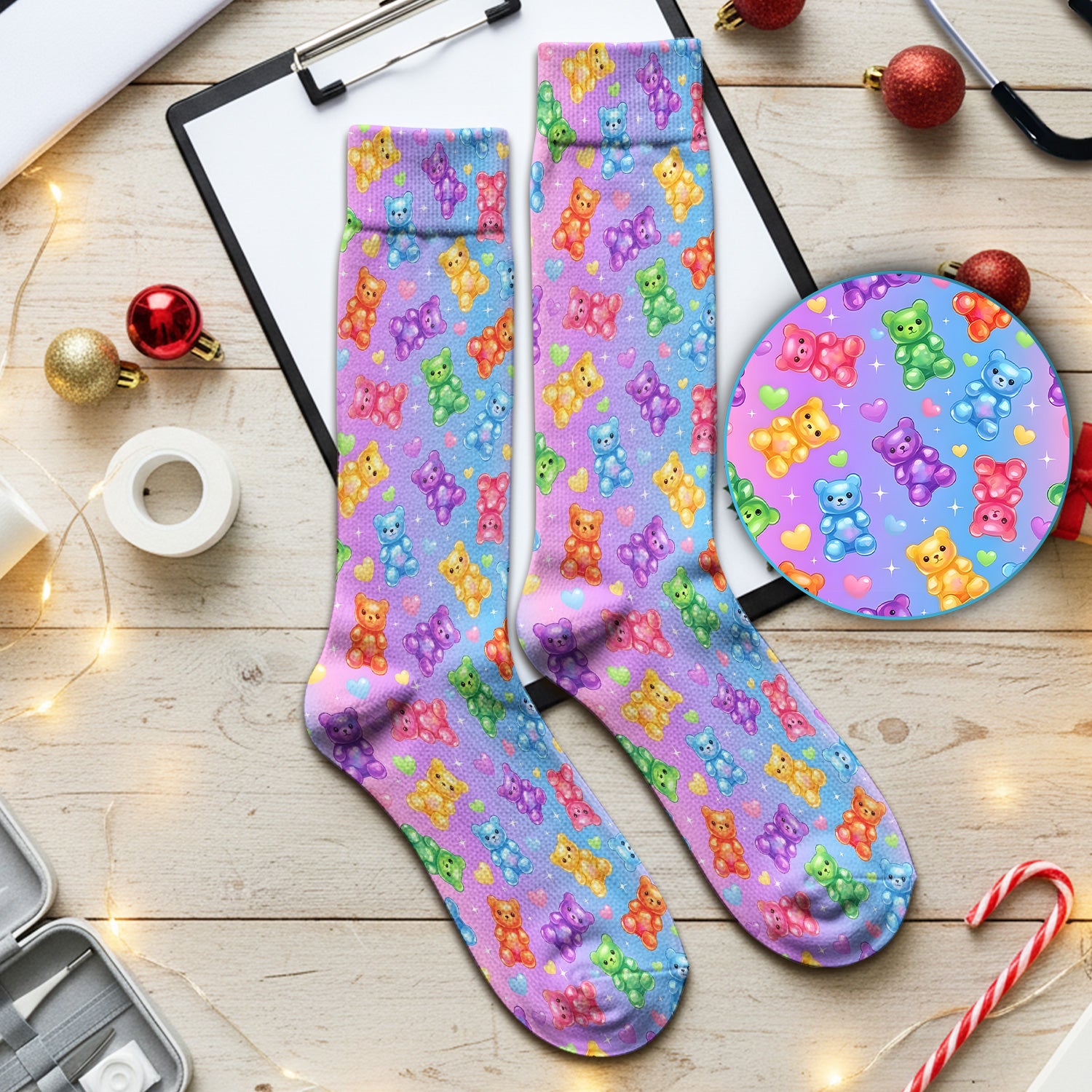 Colorful Gummy Bear Pattern Floral Socks, Adult Socks for Men and Women