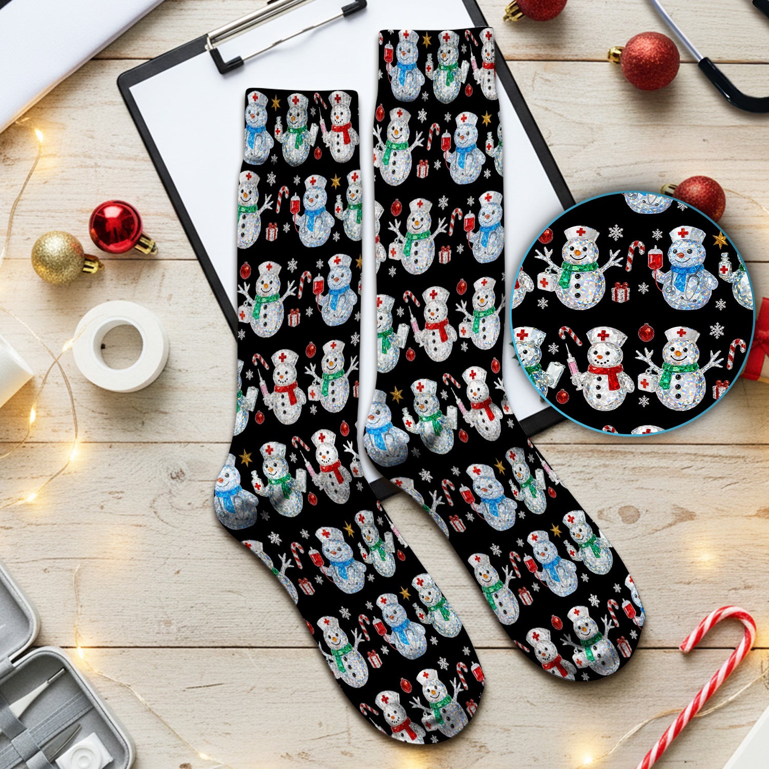 Nurse Snowman Christmas Scrub Socks, Cute Holiday Medical Pattern Sock For Women, Winter Snowflake Nursing Uniform