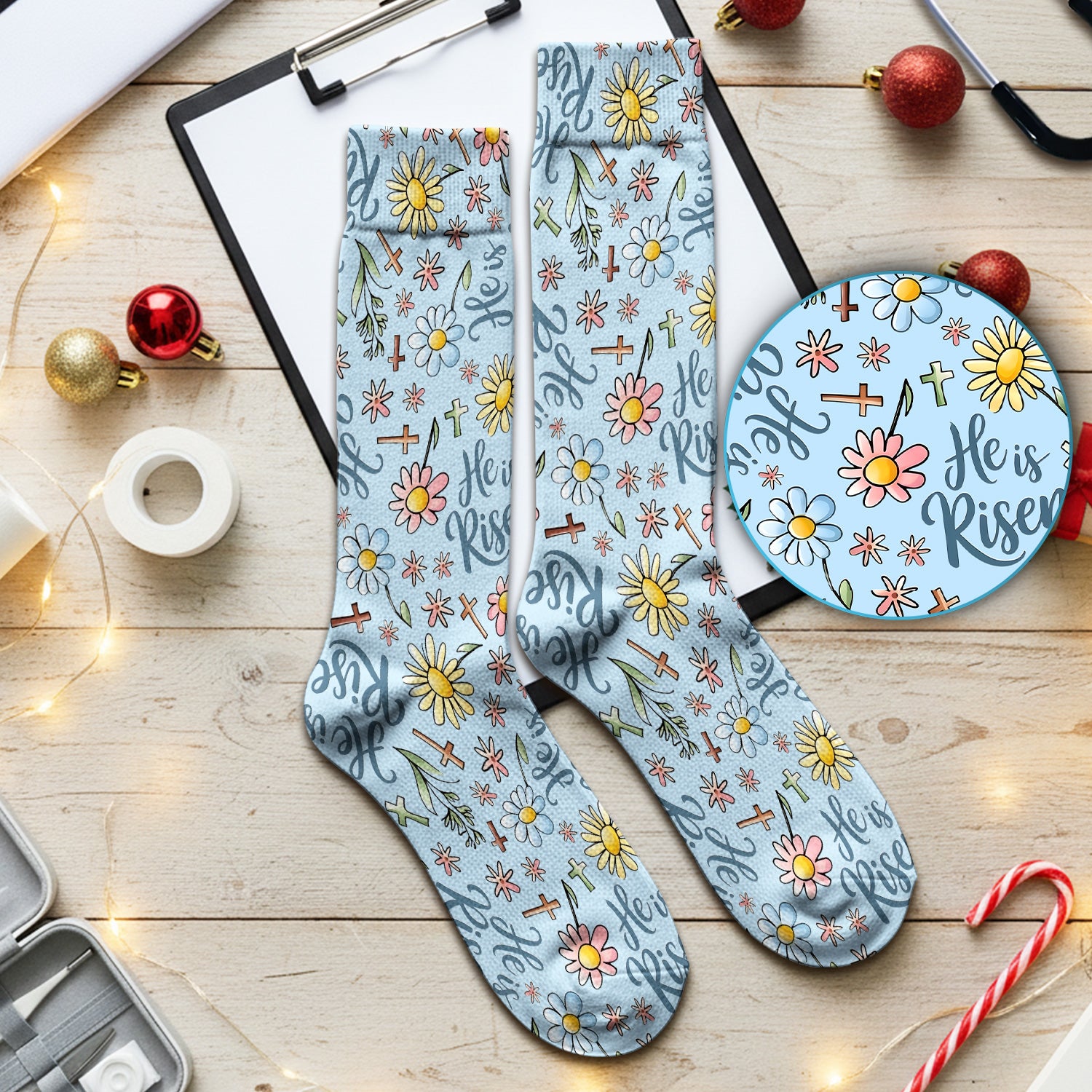 He Is Risen Cross Flower Pattern Socks, Adult Socks for Men and Women