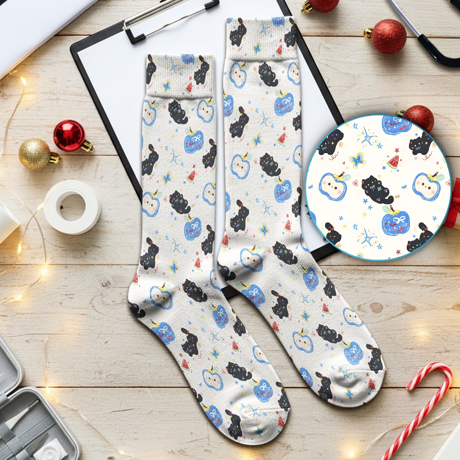 Cute Black Cat and Apple Print Crew Socks for Medical Professionals