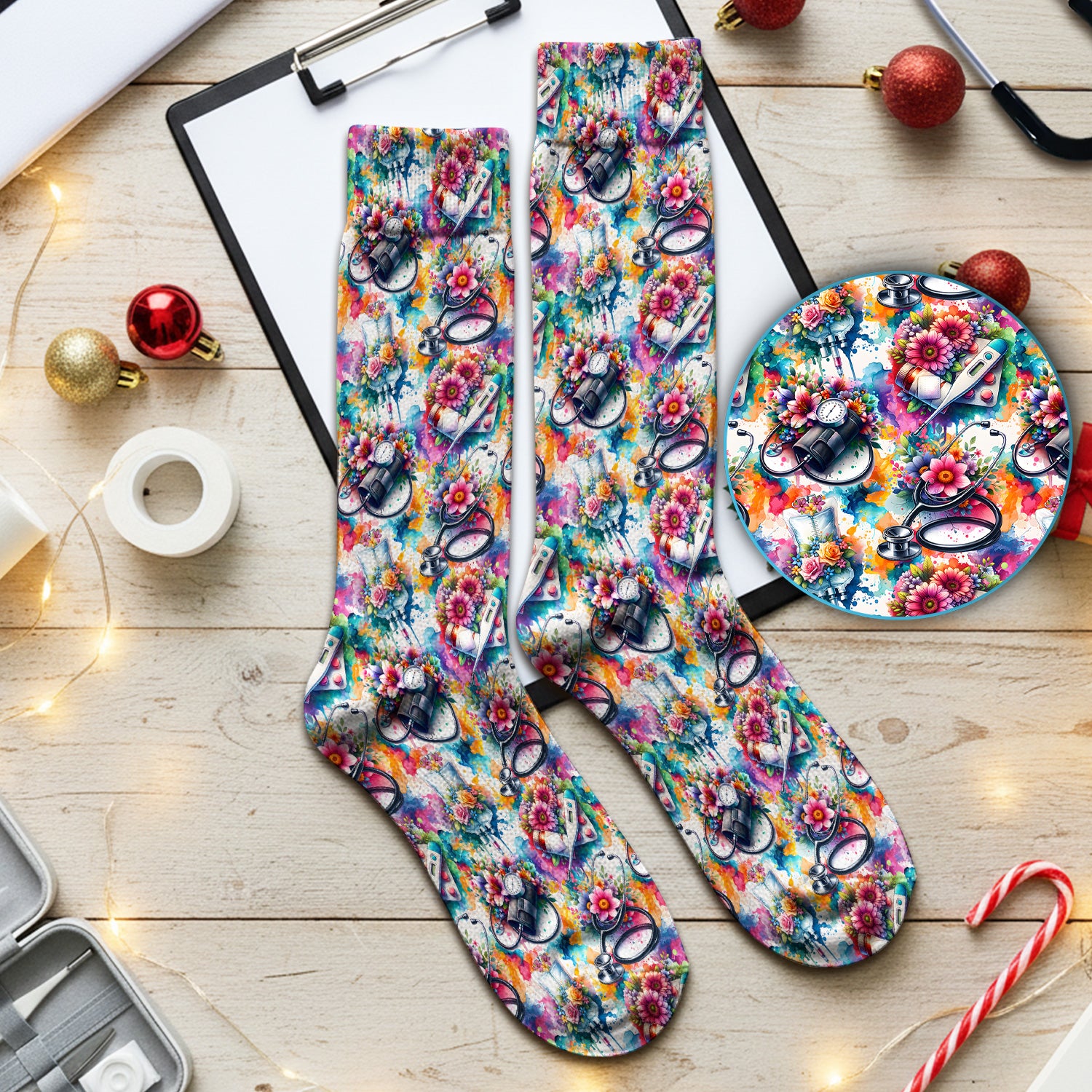 Colorful Medical Tools Floral Pattern Socks, Adult Socks for Men and Women