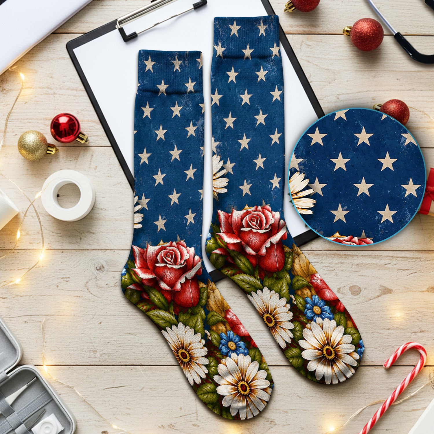 American Flag Vintage Rose Floral Pattern Socks, Adult Socks for Men and Women