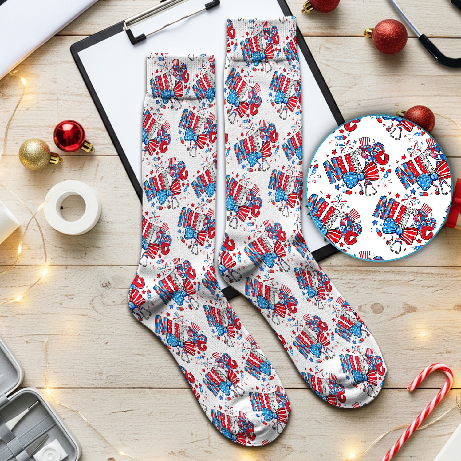 USA Nurse Stethoscope Patriotic Bow Hat Pattern Socks, Adult Socks for Men and Women