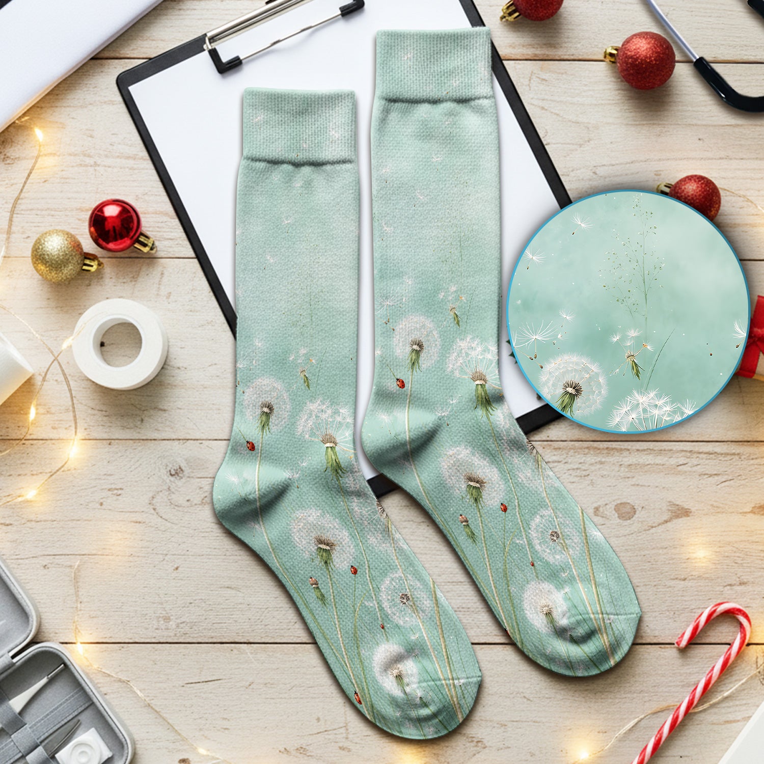 Dandelion Wishes Ladybug Meadow Pattern Socks, Adult Socks for Men and Women