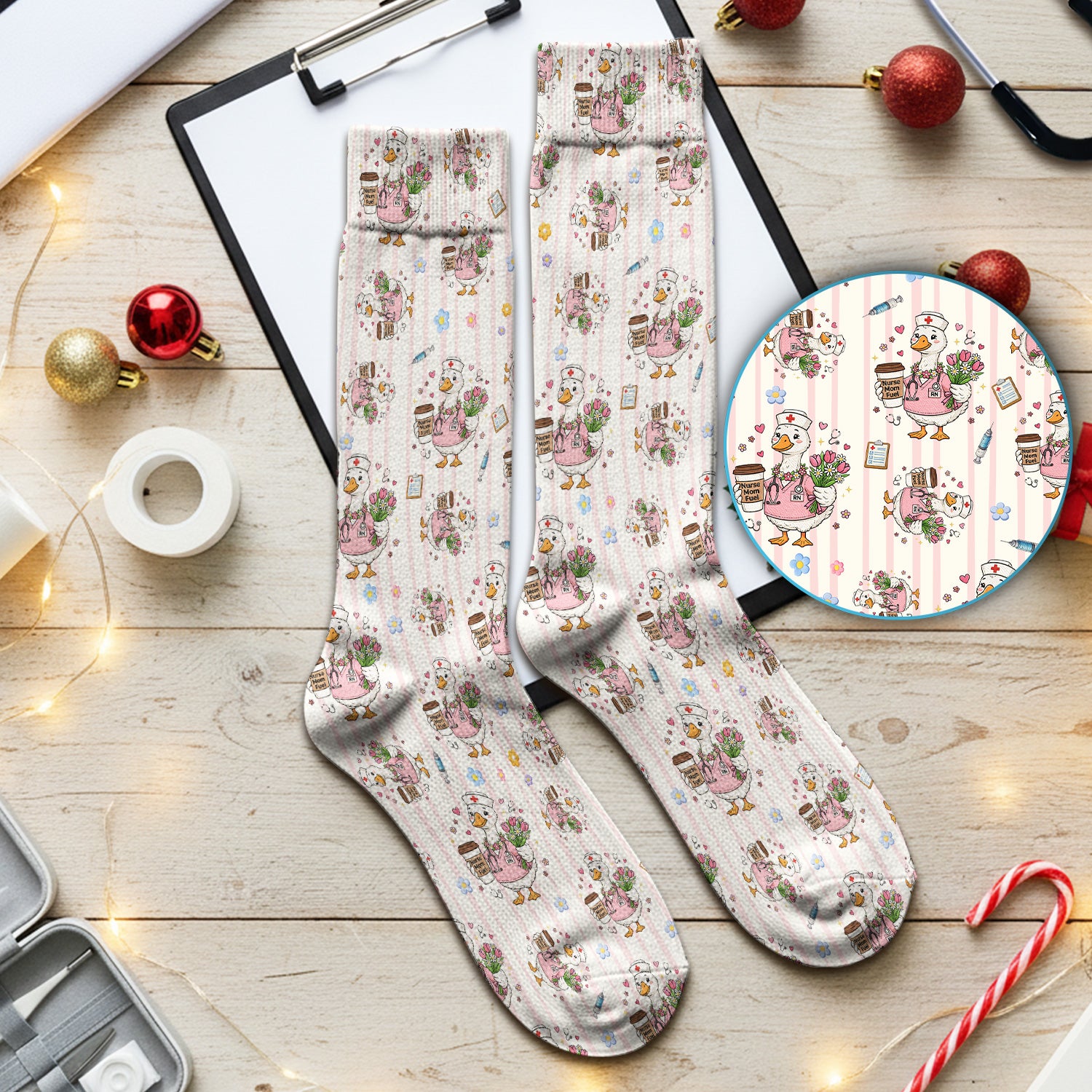 Cartoon Nurse Goose Pattern Print Socks, Adult Socks for Men and Women