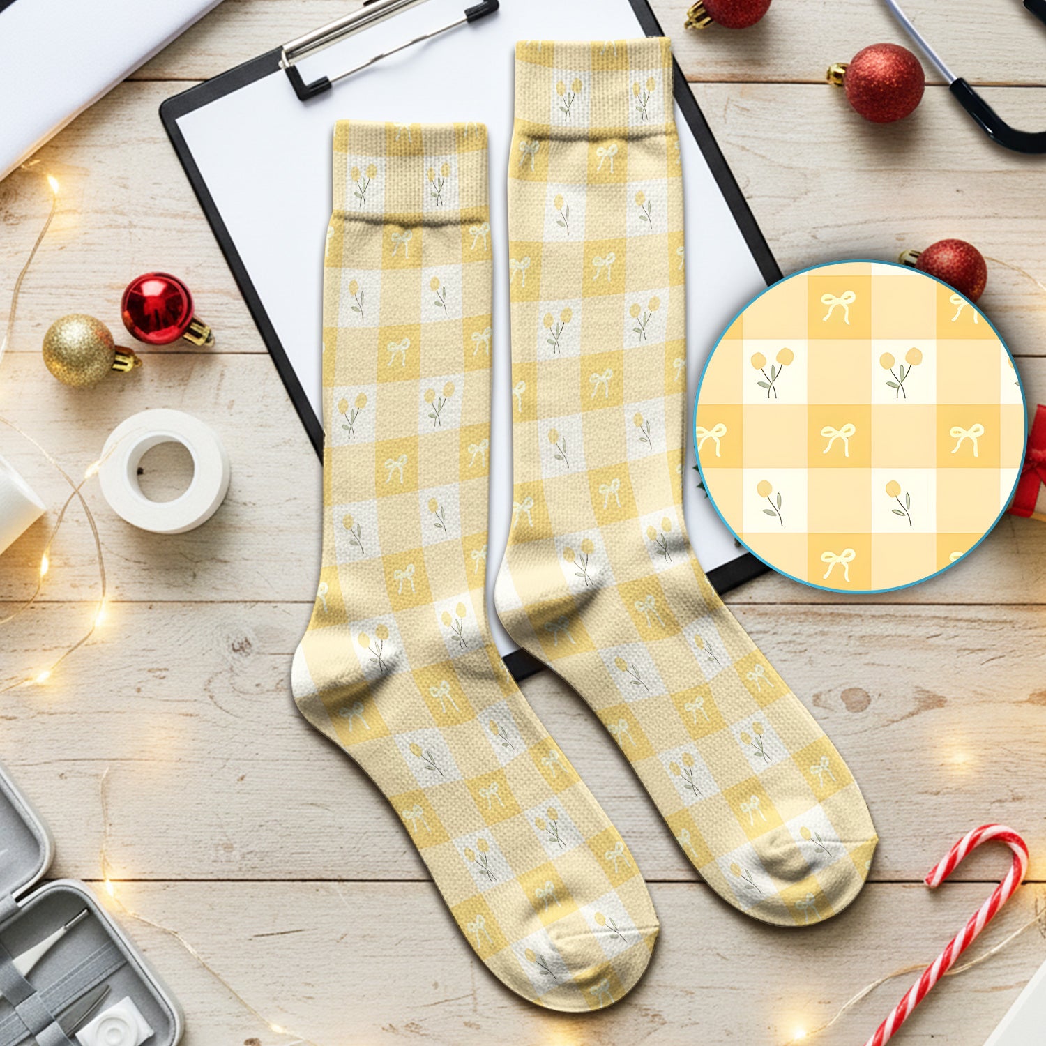 Yellow Gingham Bow Floral Pattern Socks, Breathable Fabrics Medical Uniform