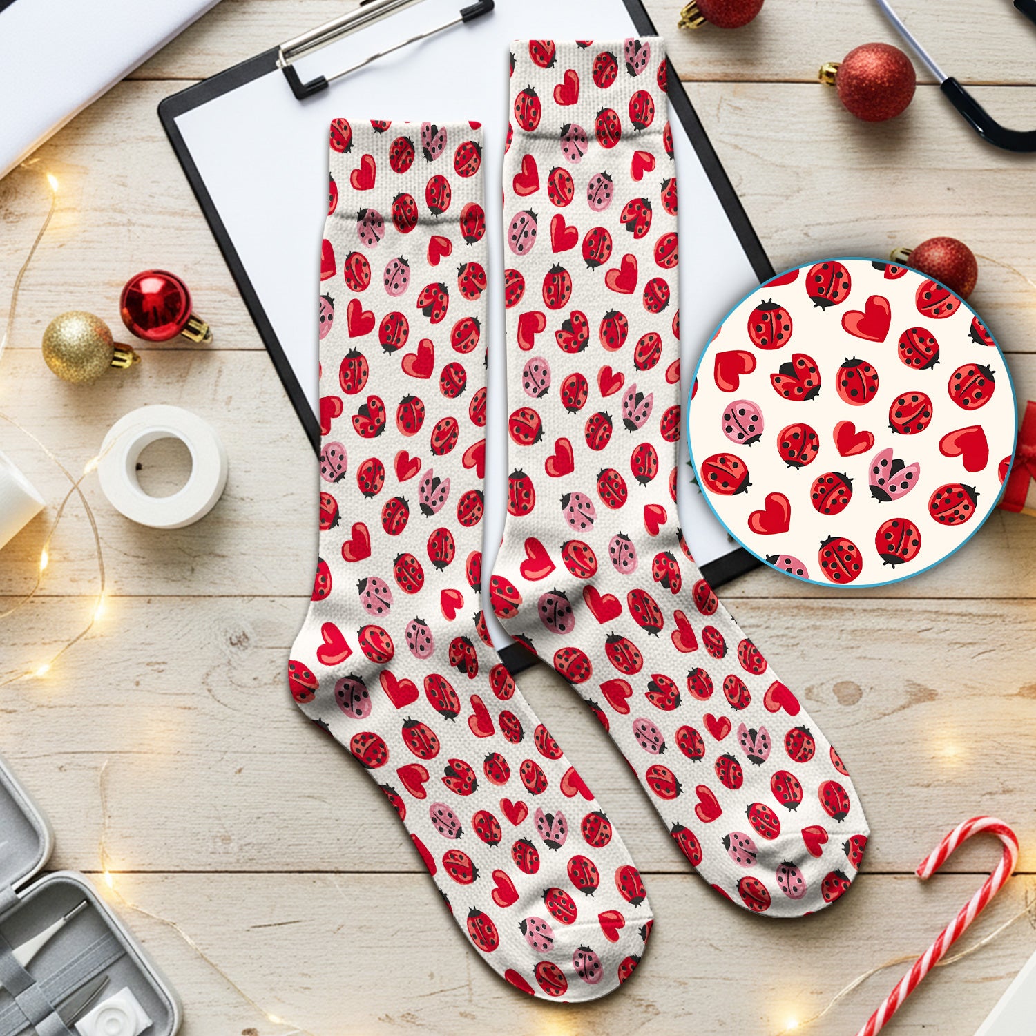 Cute Ladybug and Red Heart All Over Print Medical Socks, Socks for Nurse Doctor