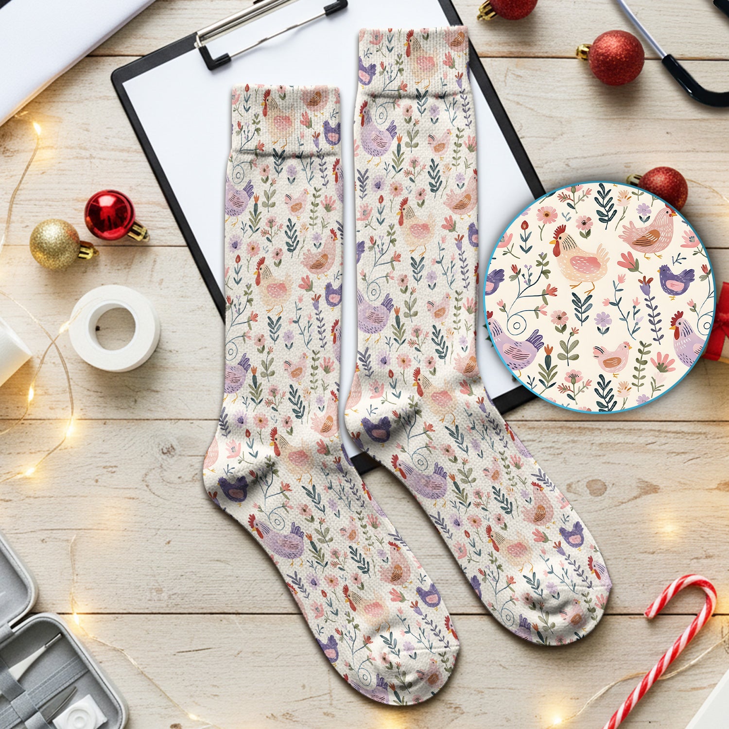 Cute Farm Chicken Floral Garden Pattern Socks, Adult Socks for Men and Women