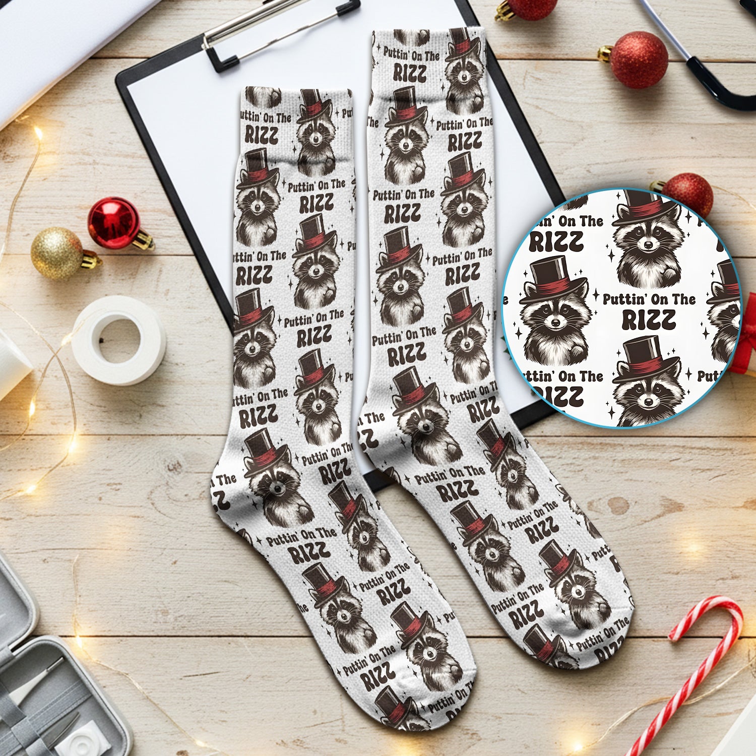 Raccoon Wearing Top Hat Puttin On The Rizz Floral Socks, Adult Socks for Men and Women