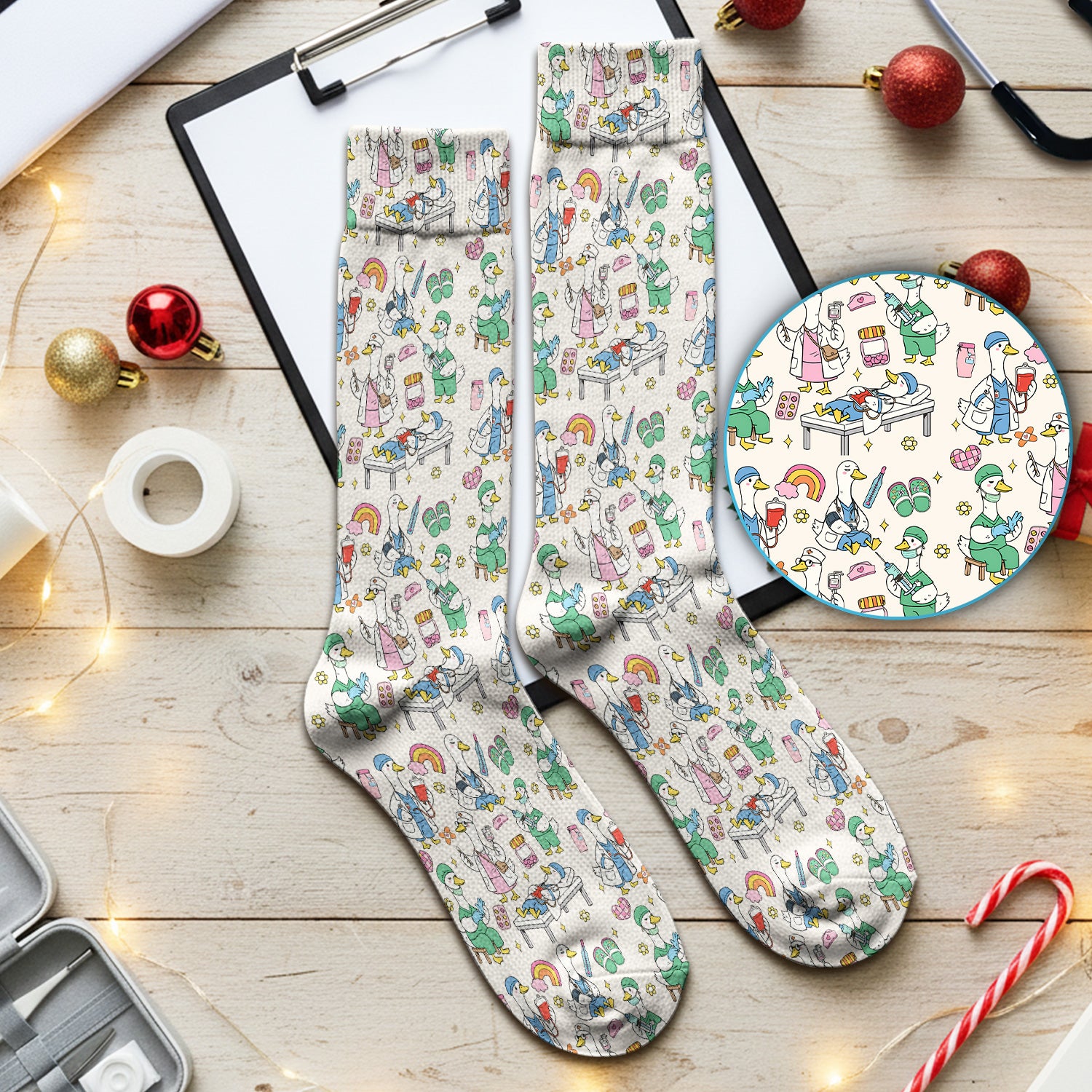 Funny Nurse Duck Medical Doodle Pattern Socks, Breathable Fabrics Medical Uniform