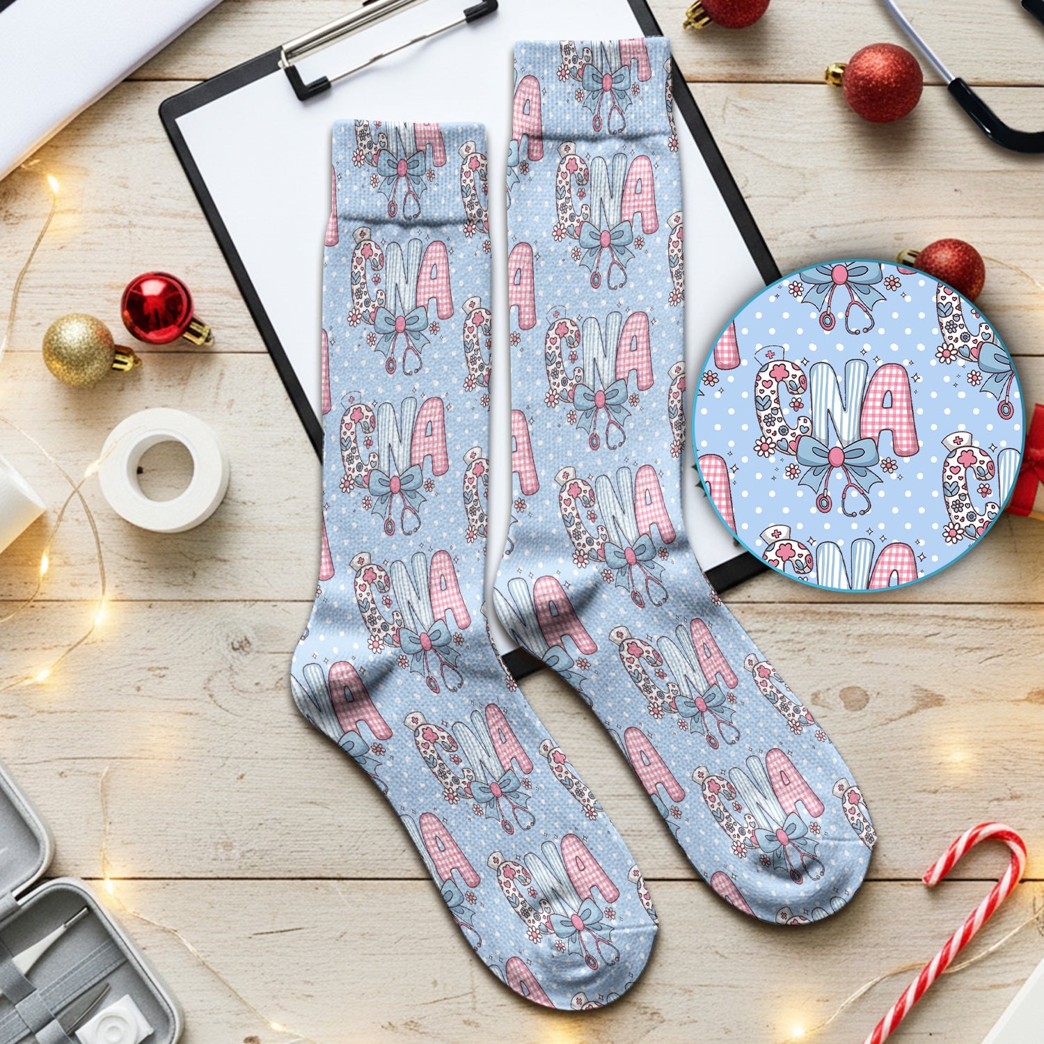 Cute CNA Floral Bow Pattern Print Socks, Adult Socks for Men and Women