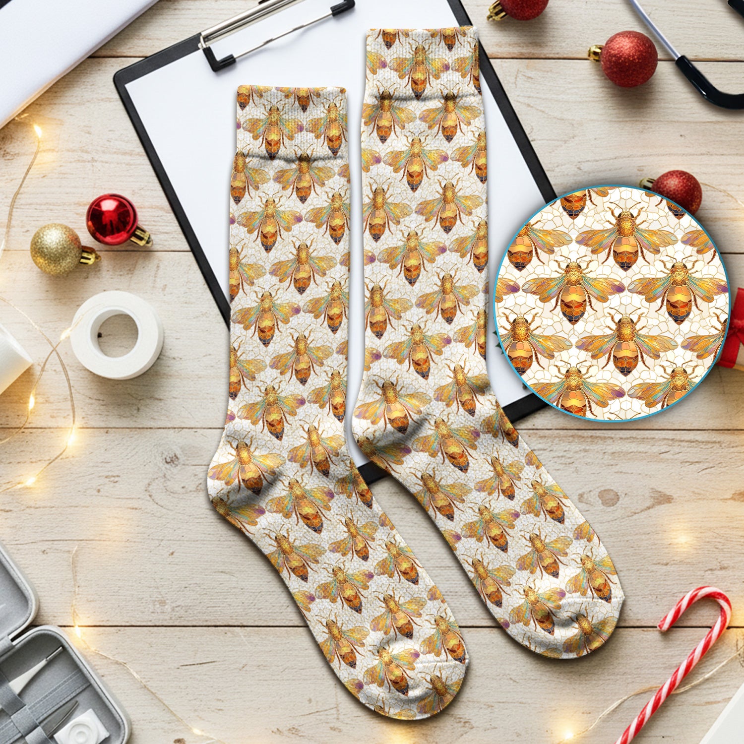 Golden Honey Bee Honeycomb Nurse Pattern Nurse Socks, Socks for Nurse Doctor