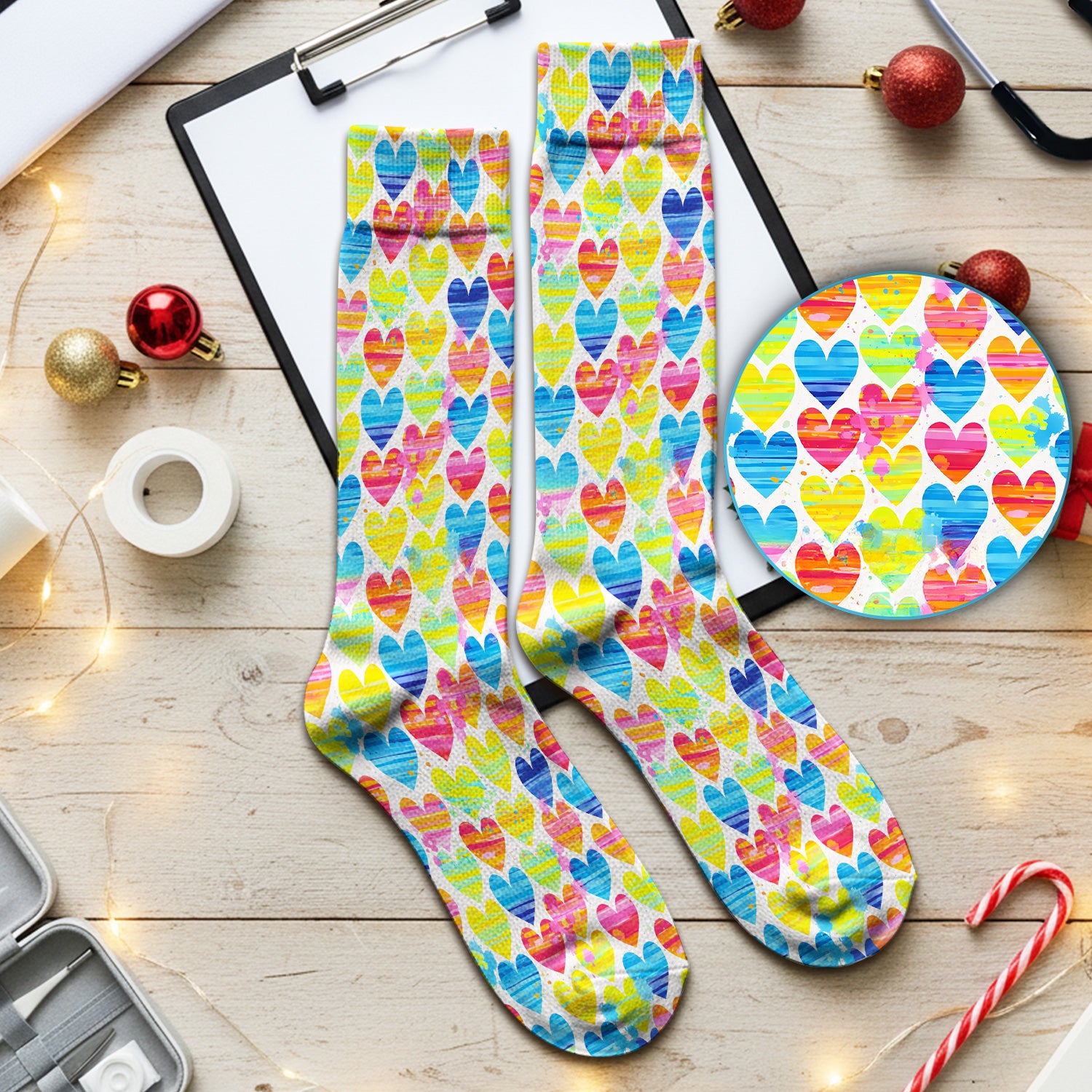 Bright Multicolor Rainbow Heart All Over Print Pattern Socks, Breathable Fabrics Medical Uniform