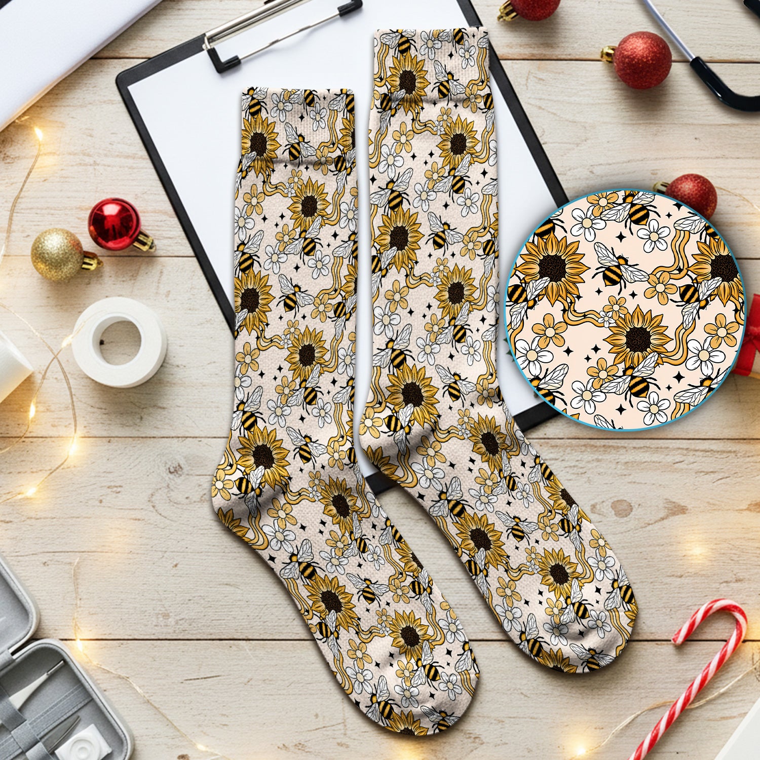 Sunflower And Honey Bee Floral Socks, Adult Socks for Men and Women