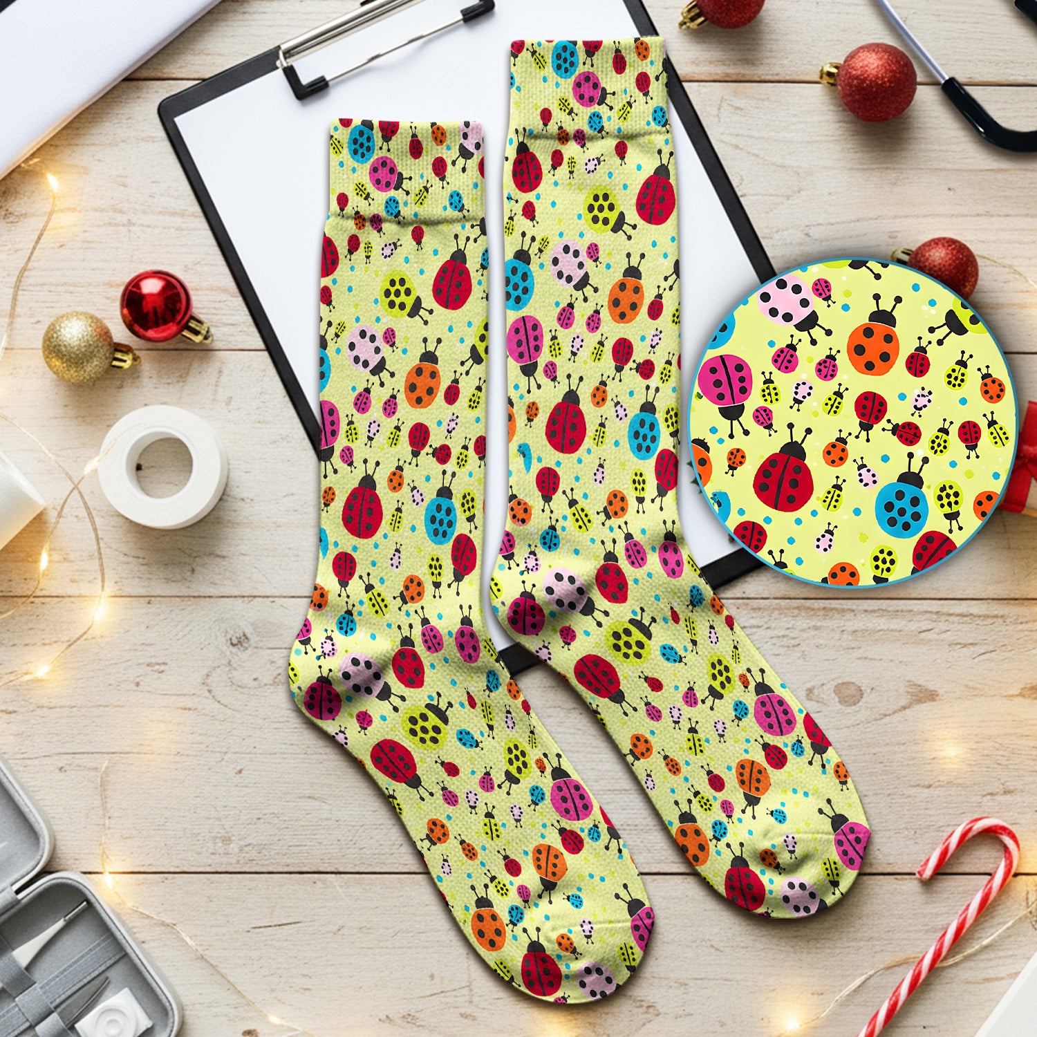 Colorful Ladybug Garden Pattern Socks, Adult Socks for Men and Women