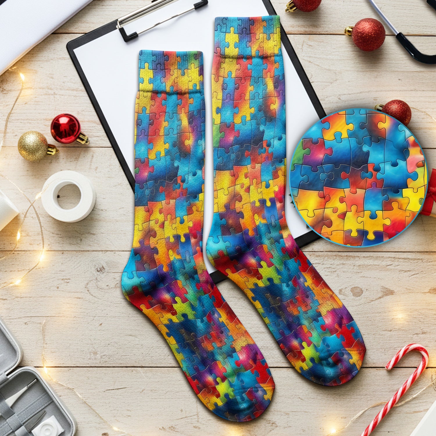 Rainbow Puzzle Piece Pattern Socks, Adult Socks for Men and Women