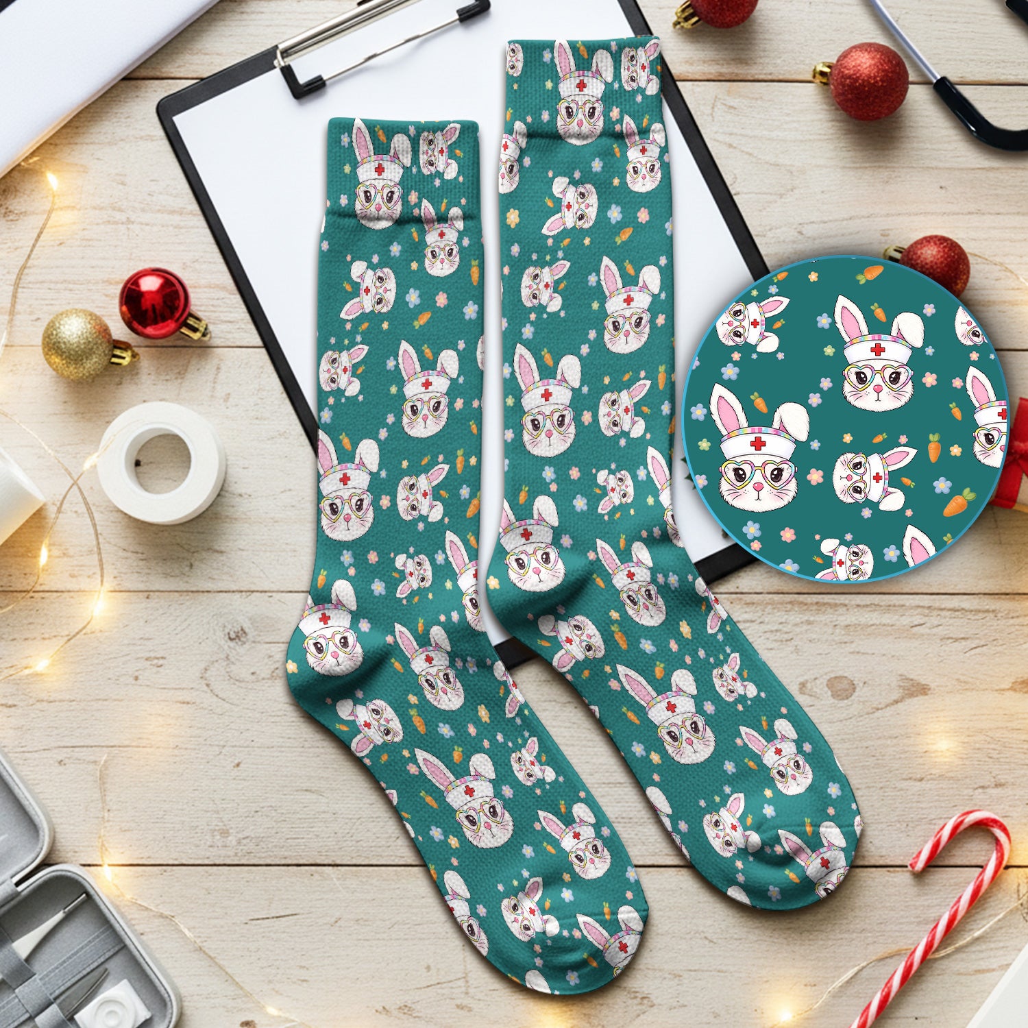 Cute Easter Bunny Nurse Pattern Print Socks, Adult Socks for Men and Women