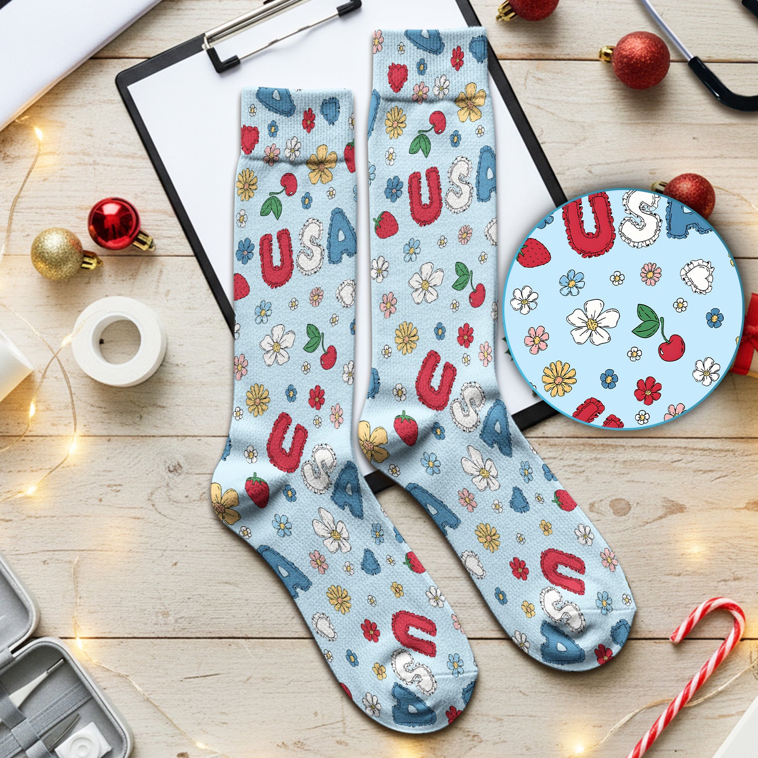 USA Cherry Strawberry Floral Patch Pattern Socks, Breathable Fabrics Medical Uniform