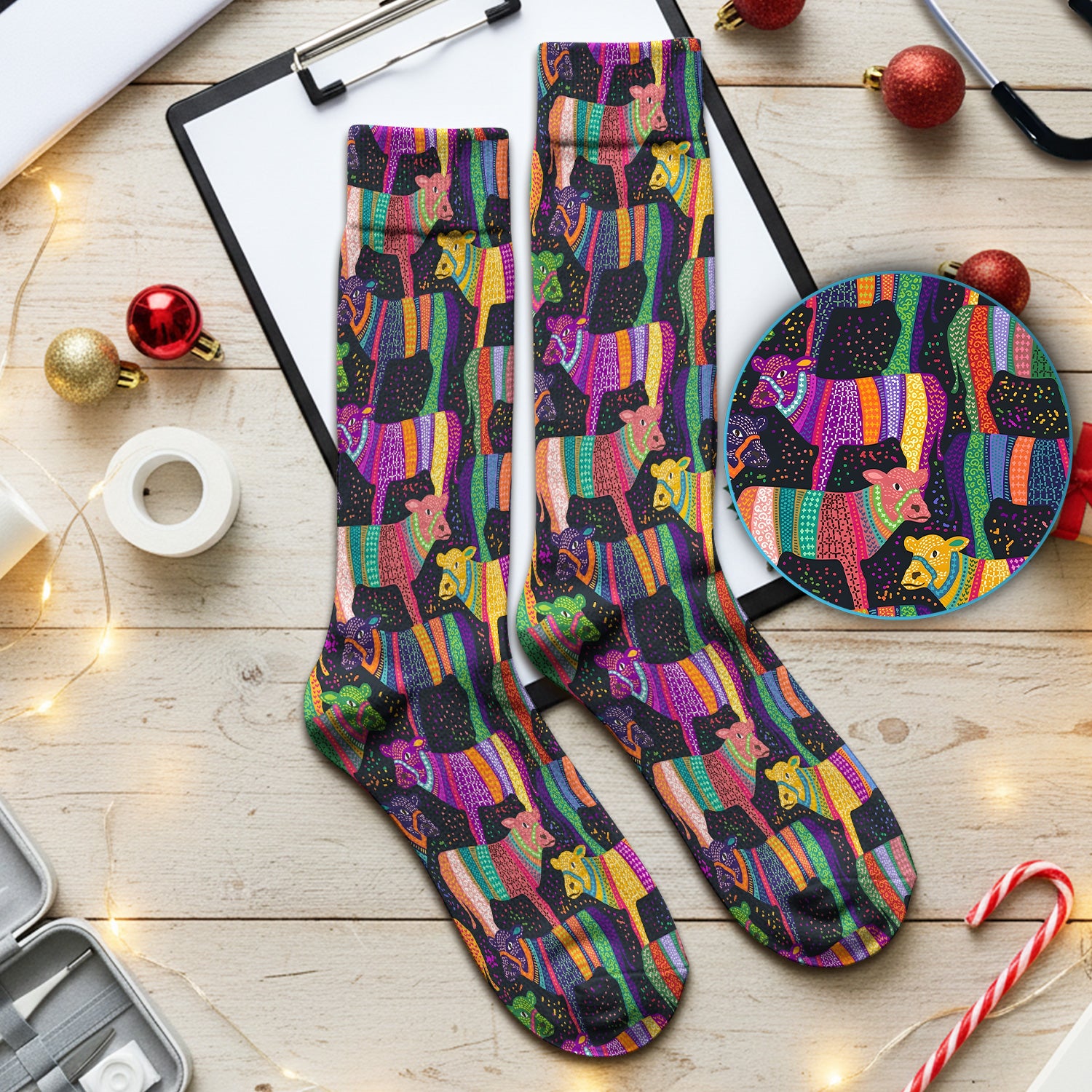 Vibrant Patchwork Rainbow Cow Pattern Socks, Socks for Nurse Doctor