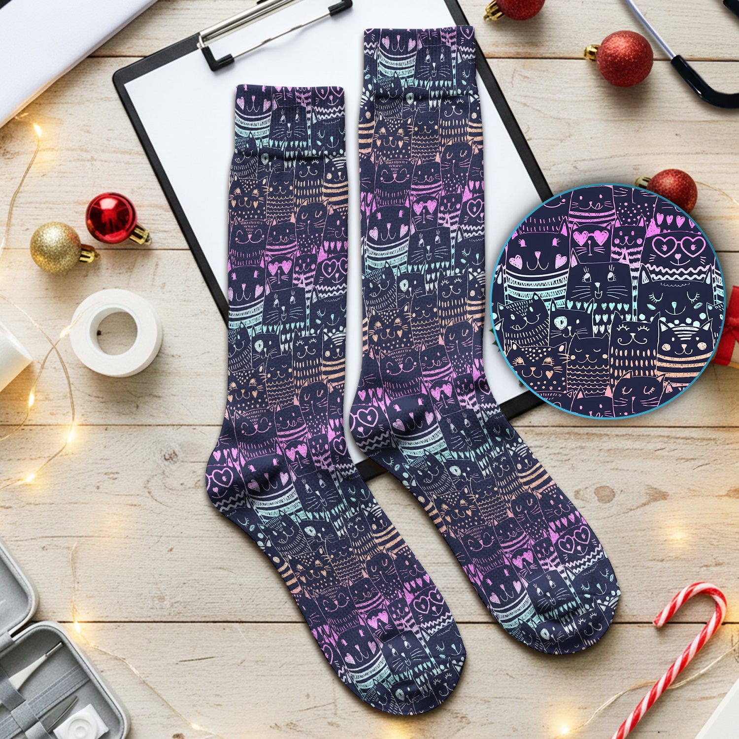 Cute Neon Cat Faces Pattern Socks, Adult Socks for Men and Women