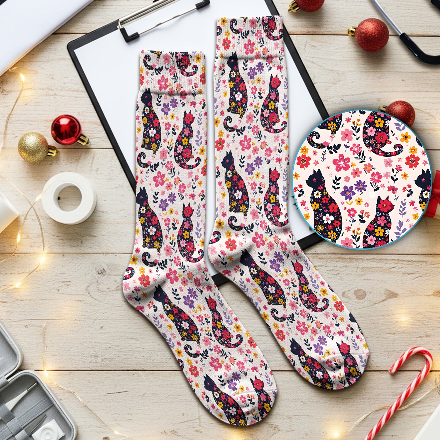 Floral Cat Silhouette Spring Garden Pattern Socks, Socks for Nurse Doctor
