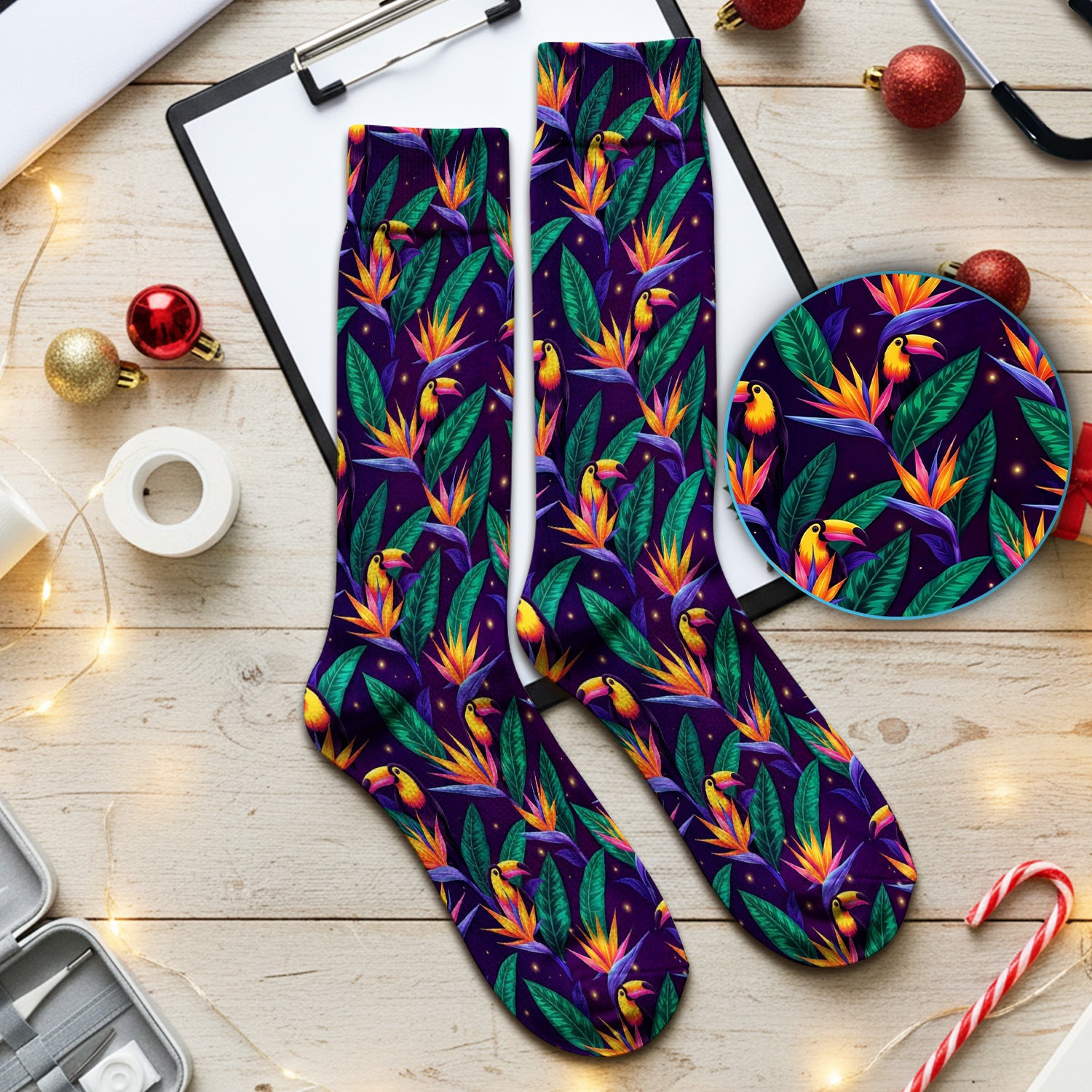 Tropical Toucan Bird Paradise Leaves Pattern Socks, Adult Socks for Men and Women