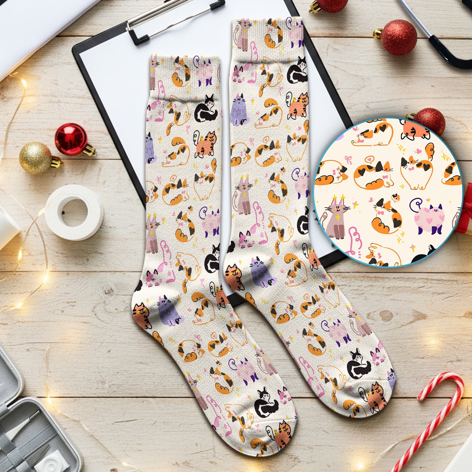 Funny Cat Pattern Scrub Socks, Cute Cats Nursing Uniform For Women