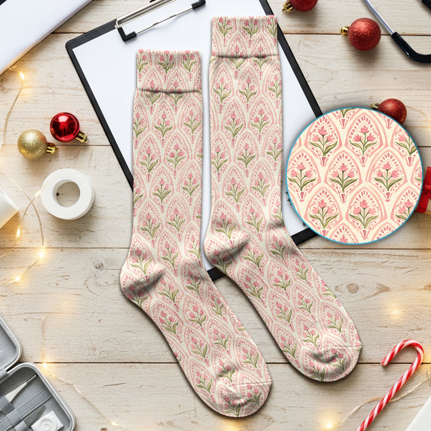 Pink Tulip Floral Arch Pattern Nurse Socks, Socks for Nurse Doctor