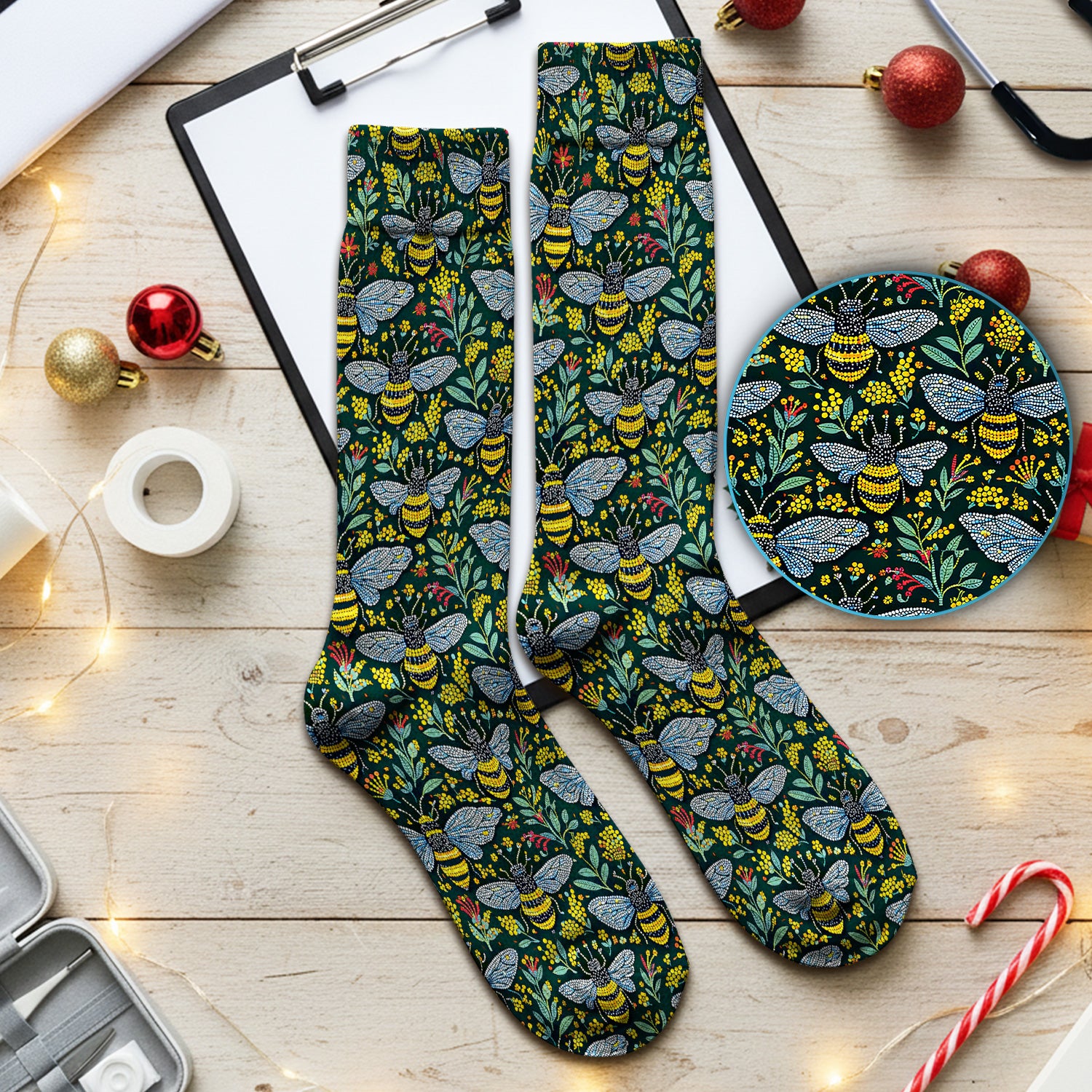 Honey Bee And Wildflower Garden Pattern Socks, Breathable Fabrics Medical Uniform