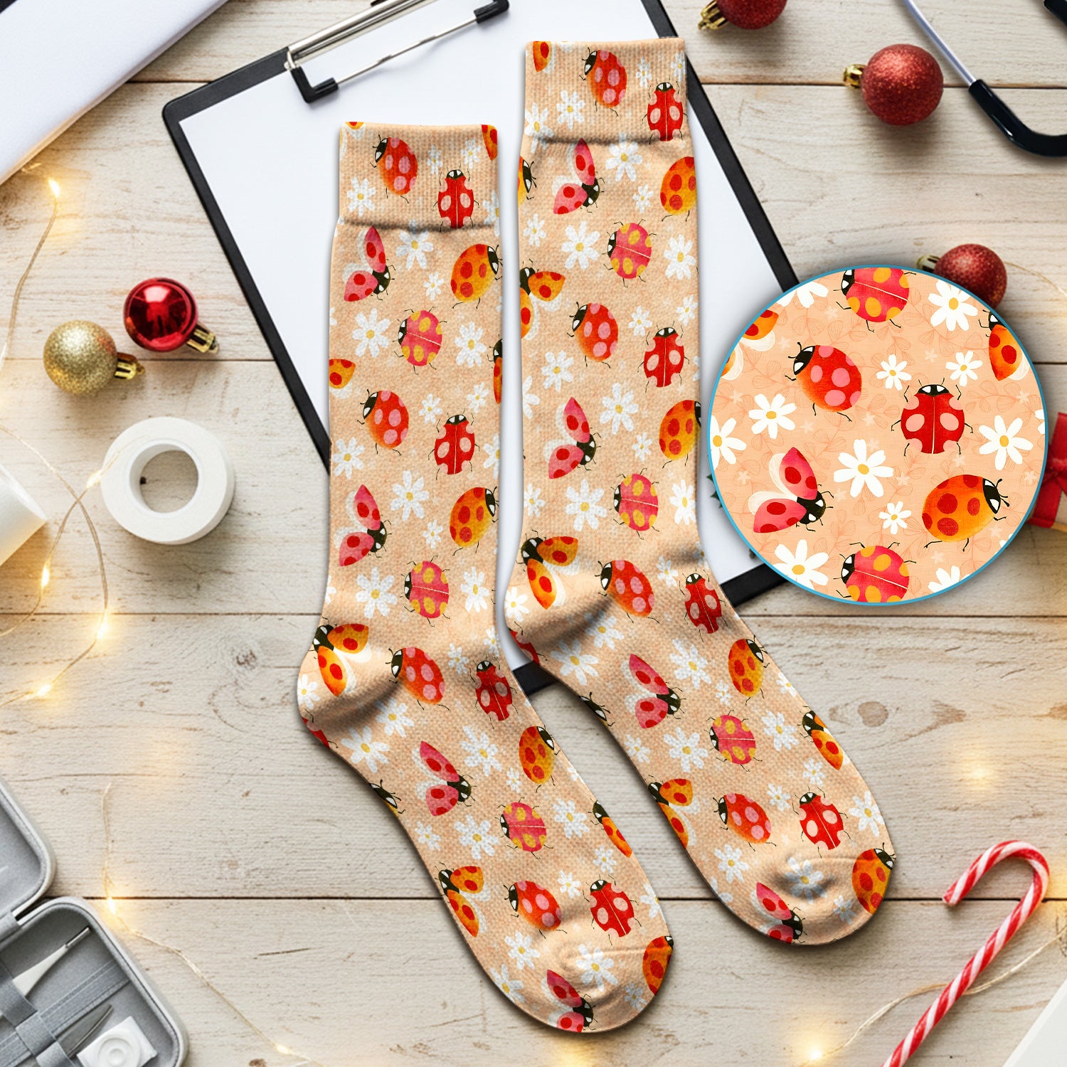 Ladybug Daisy Floral Pattern Print Socks, Socks for Nurse Doctor