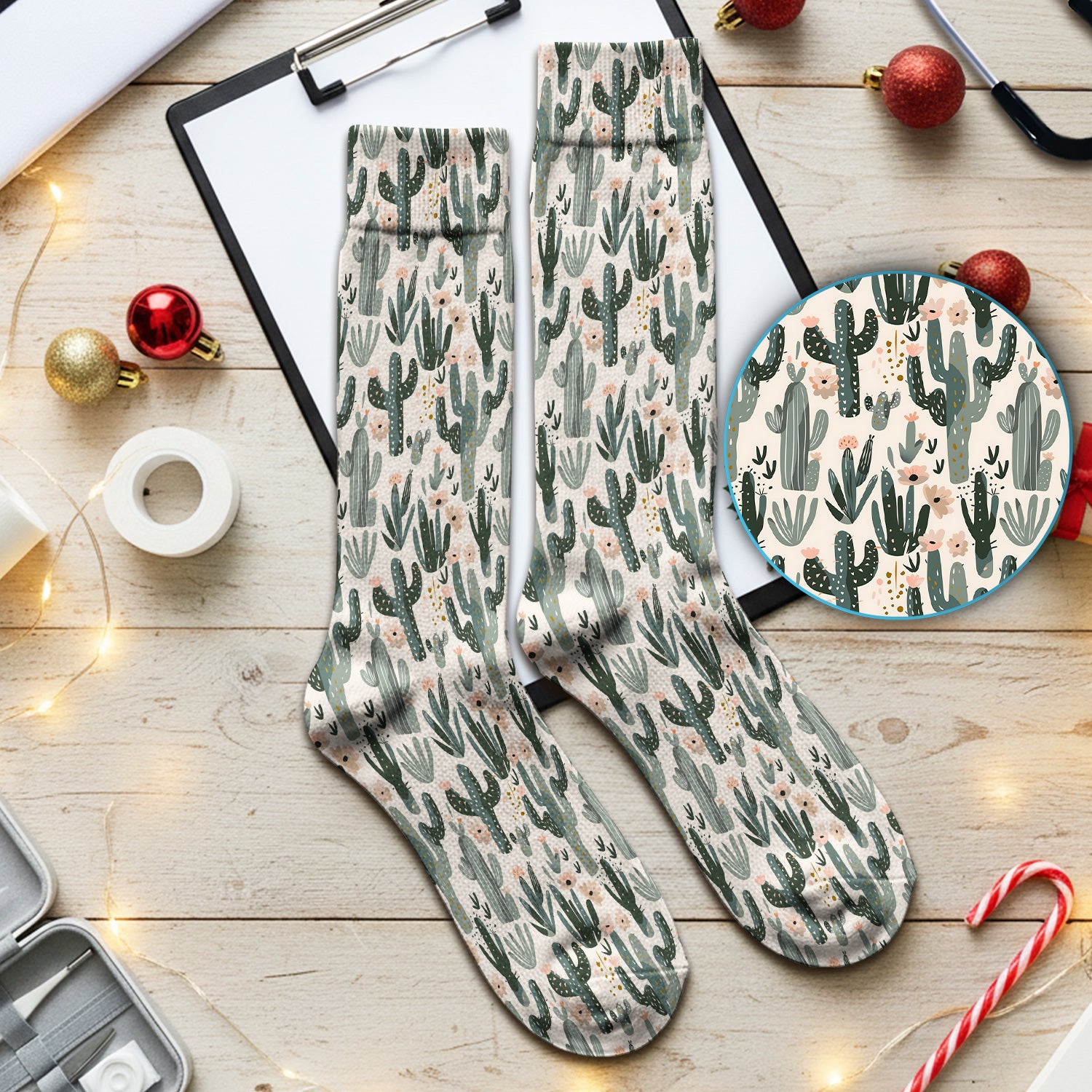 Green Cactus Desert Blossom Pattern Nurse Socks, Adult Socks for Men and Women