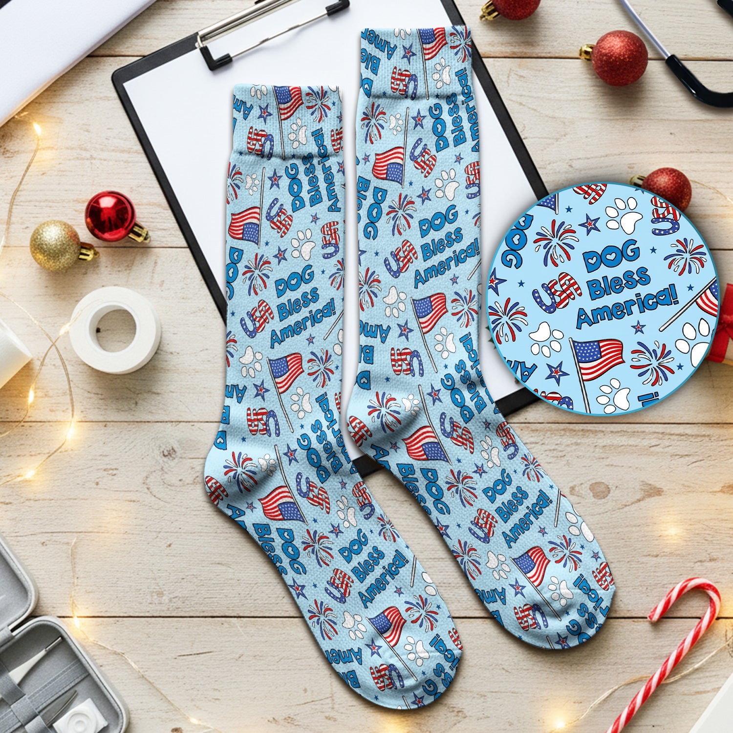 Funny Patriotic Dog Bless America Flag Pattern Socks, Breathable Fabrics Medical Uniform