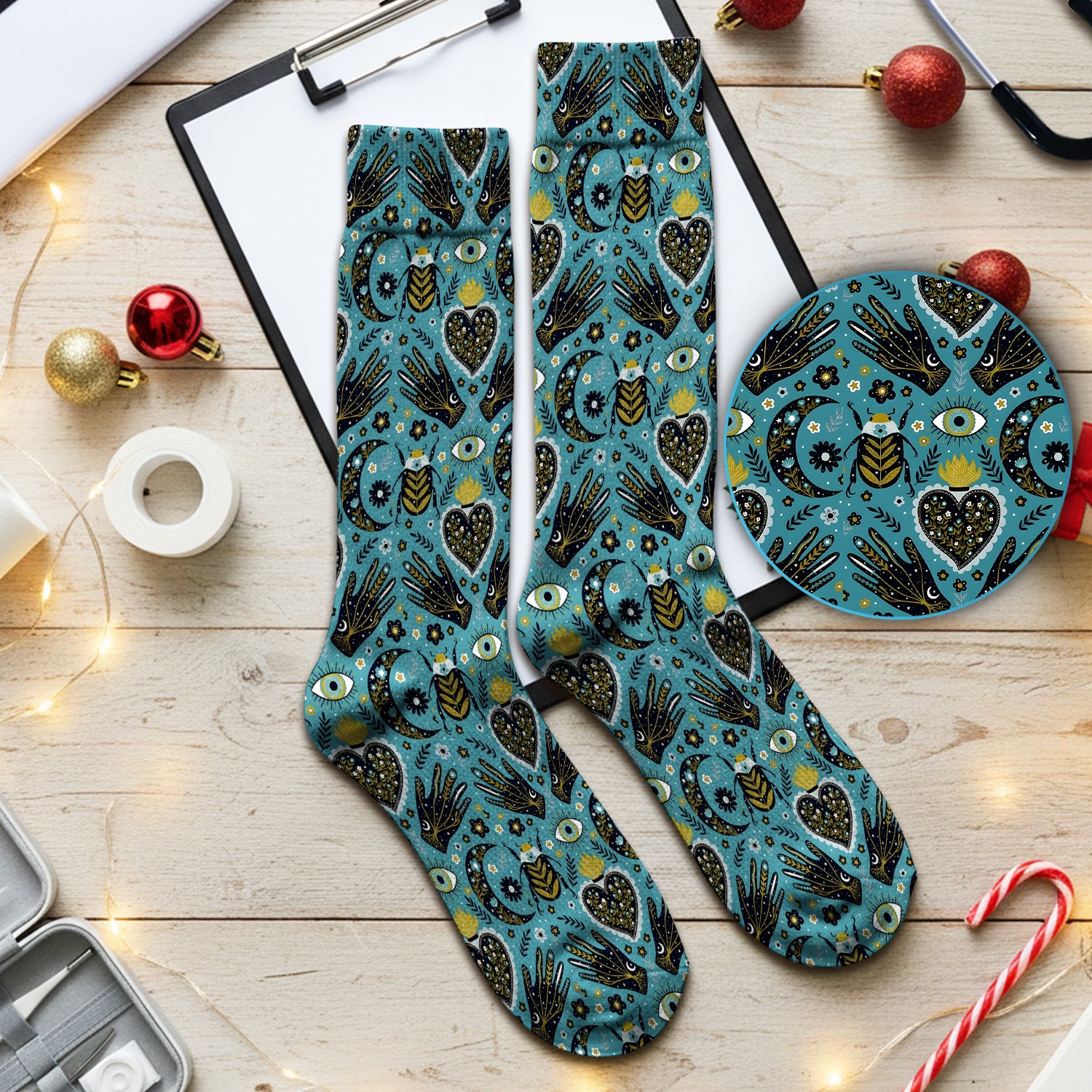 Mystic Celestial Heart & Evil Eye Pattern Socks, Adult Socks for Men and Women