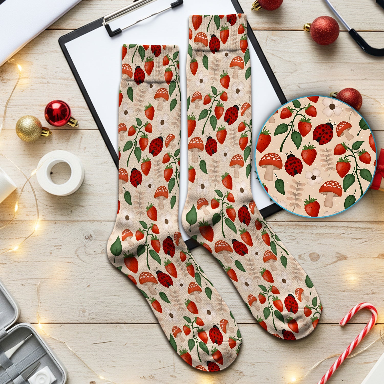 Strawberry Ladybug Mushroom Floral Socks, Adult Socks for Men and Women