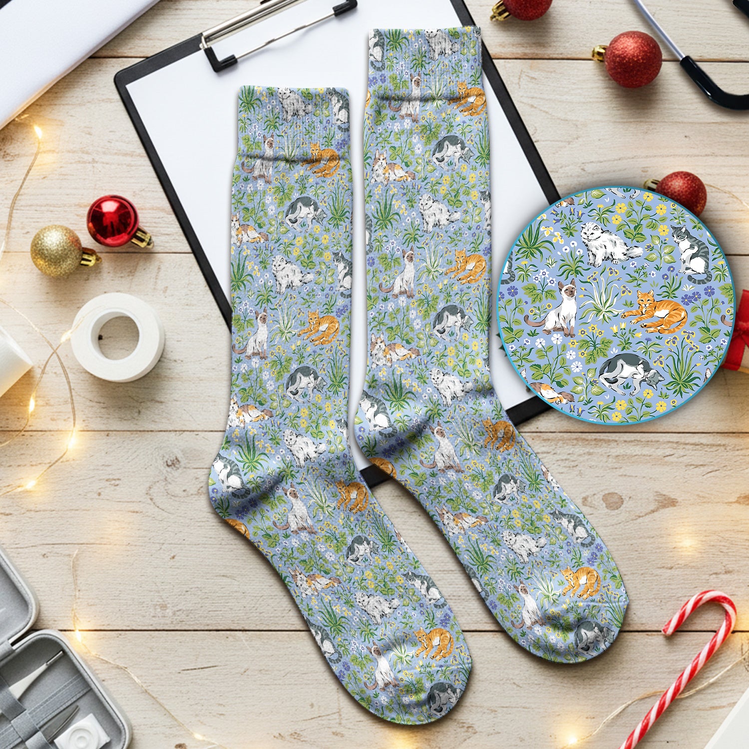 Cute Floral Cat Garden Pattern Medical Socks, Breathable Fabrics Medical Uniform