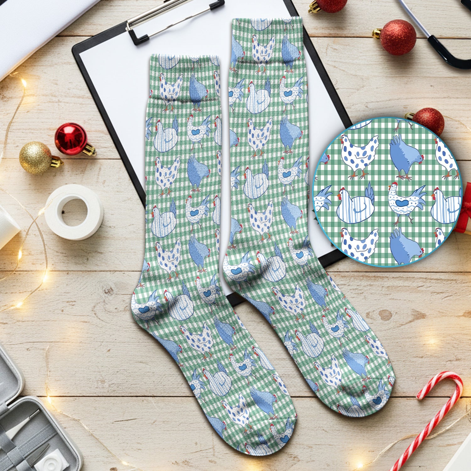 Blue Chicken Gingham Pattern Socks, Socks for Nurse Doctor