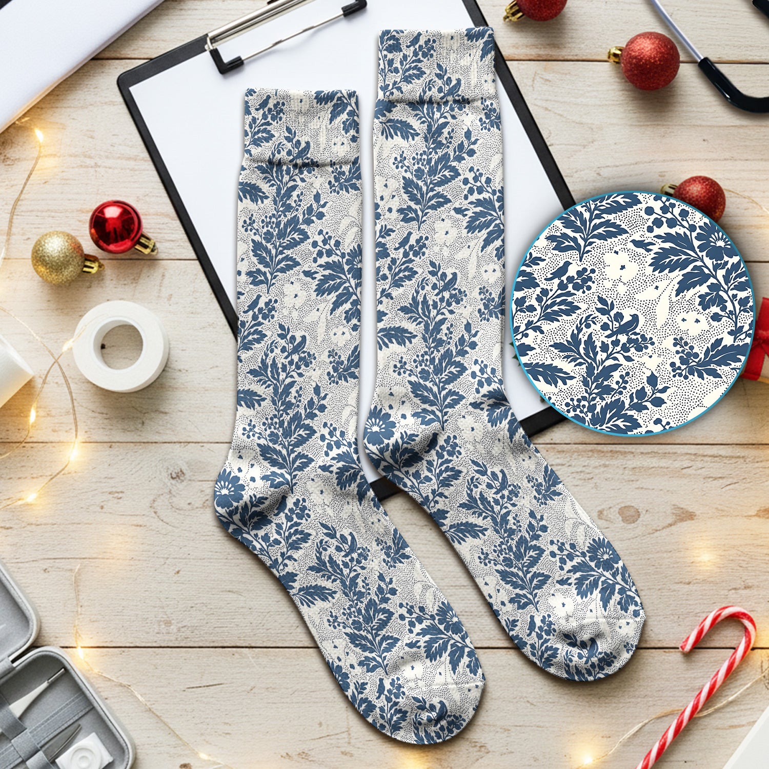 Cute Blue Floral Botanical Nurse Pattern Socks, Socks for Nurse Doctor
